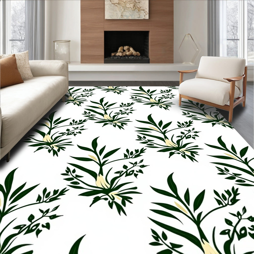 Dark Green Floral Branch Pattern Rug