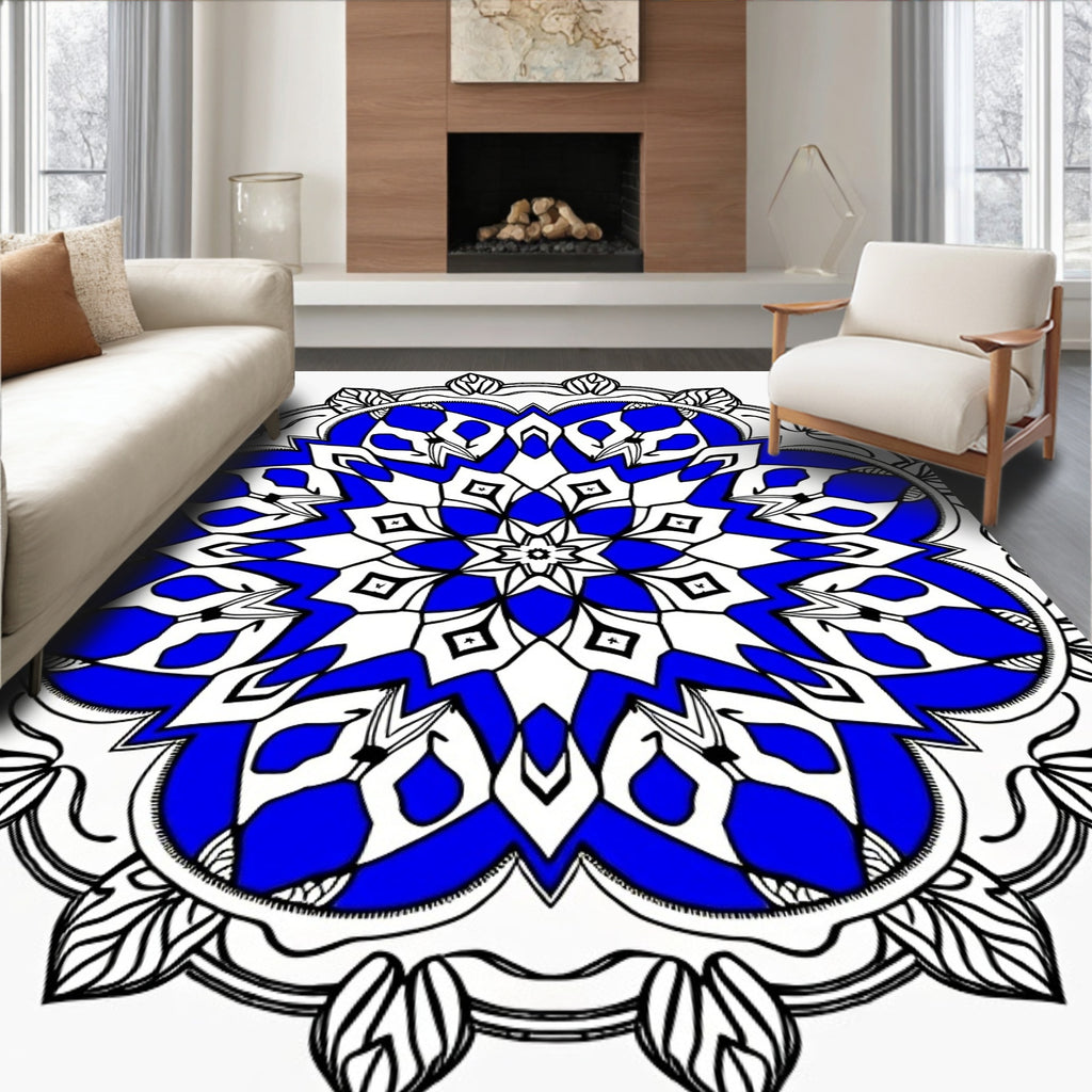 Radiant Blue Mandala Geometric Design Rug