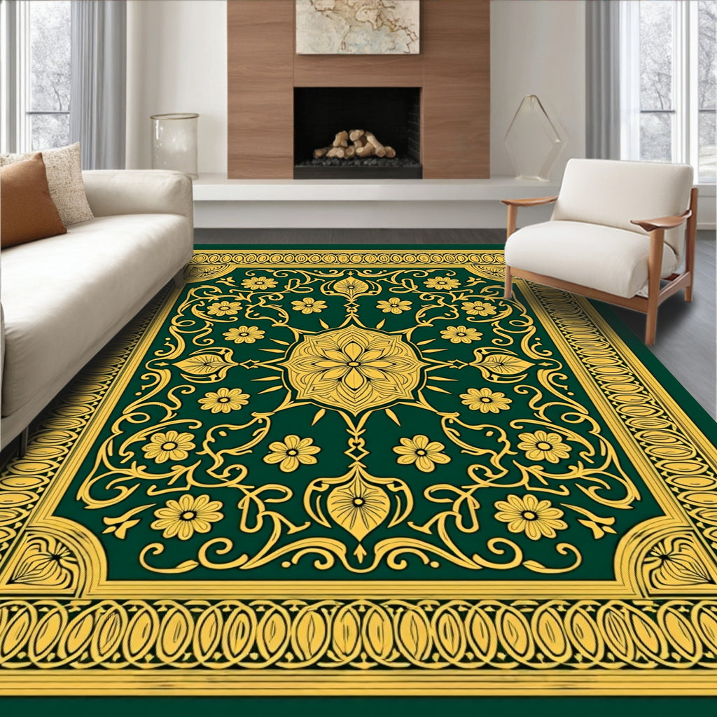 Golden Floral Medallion Border Pattern Rug