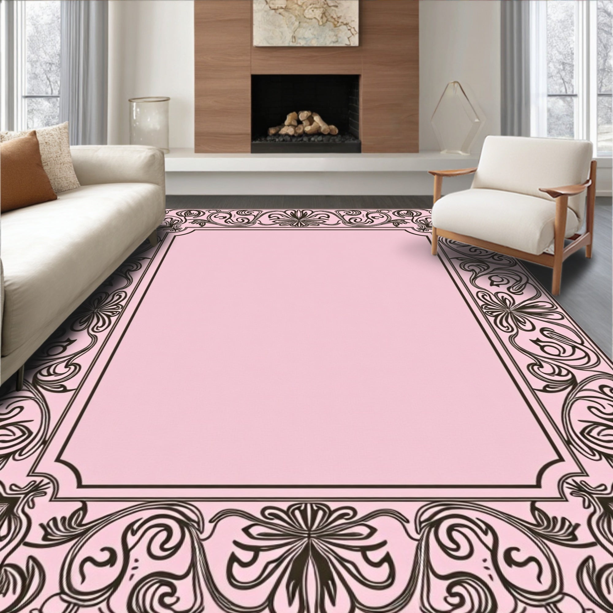 Elegant Floral Swirl Border Design Rug
