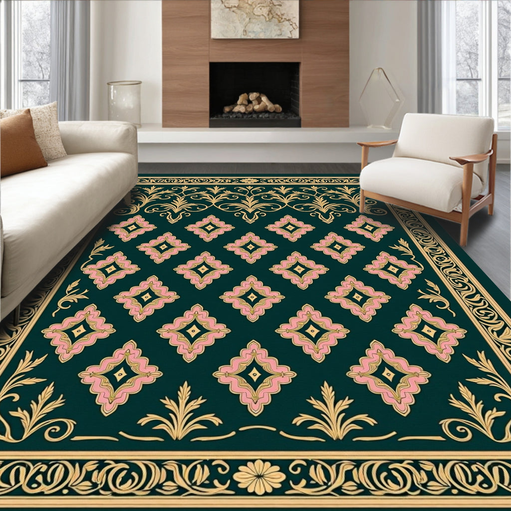 Ornate Floral Pink Diamond Pattern Rug