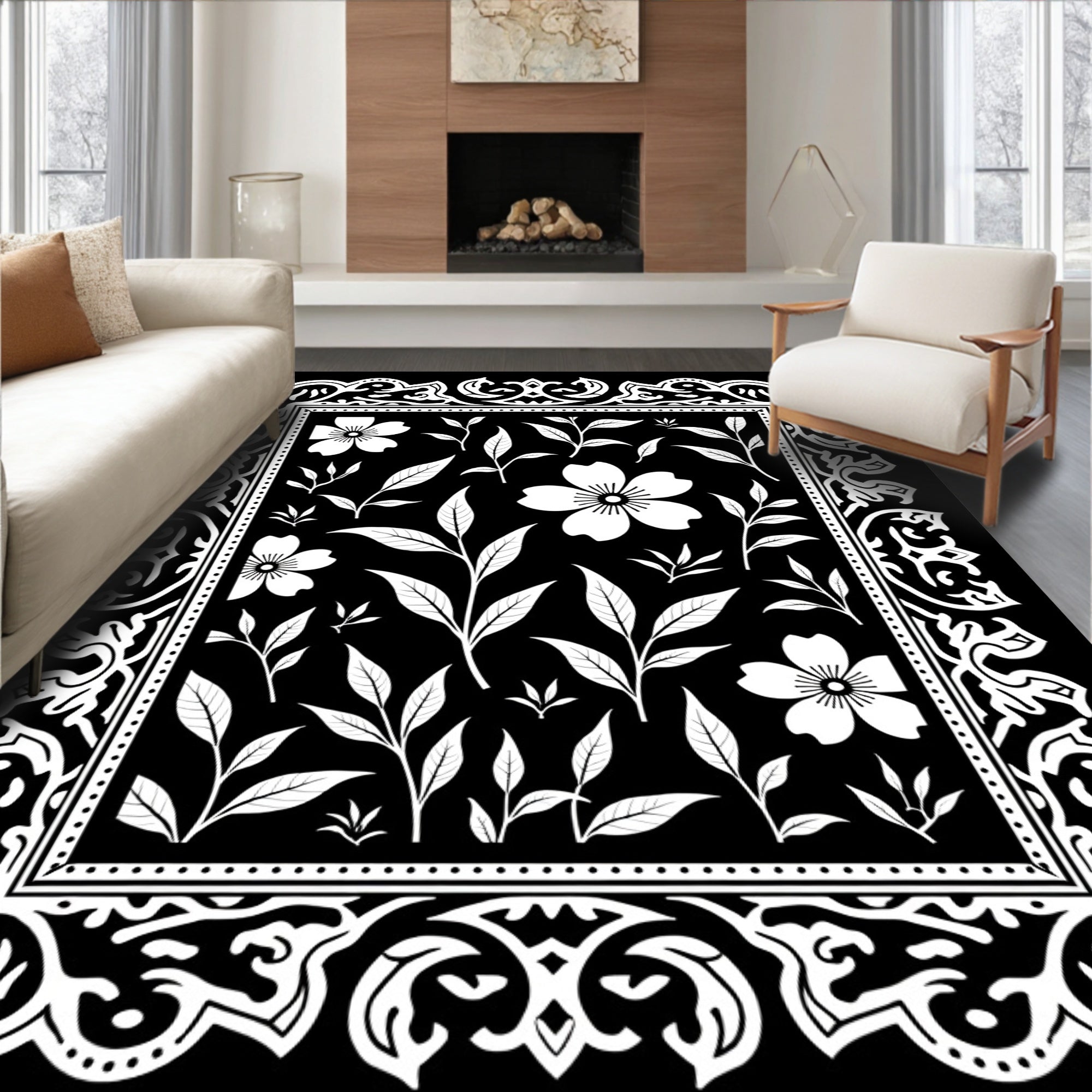 Floral And Leaf Pattern Rug