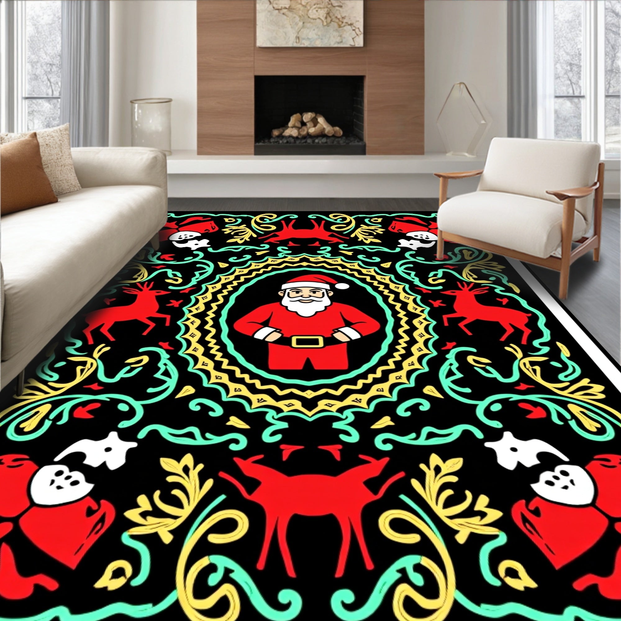 Festive Red Santa Deer Garland Rug