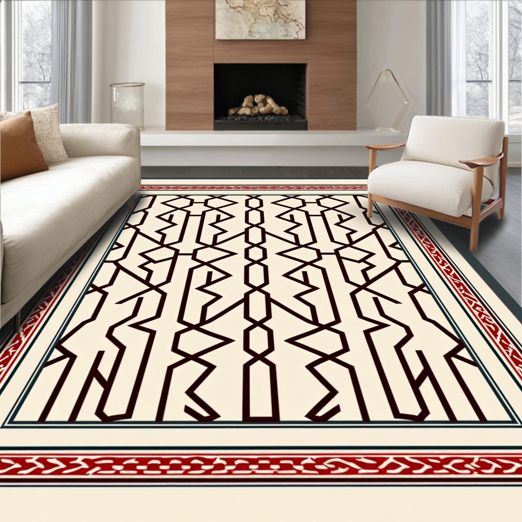 Intricate Geometric Red Border Rug