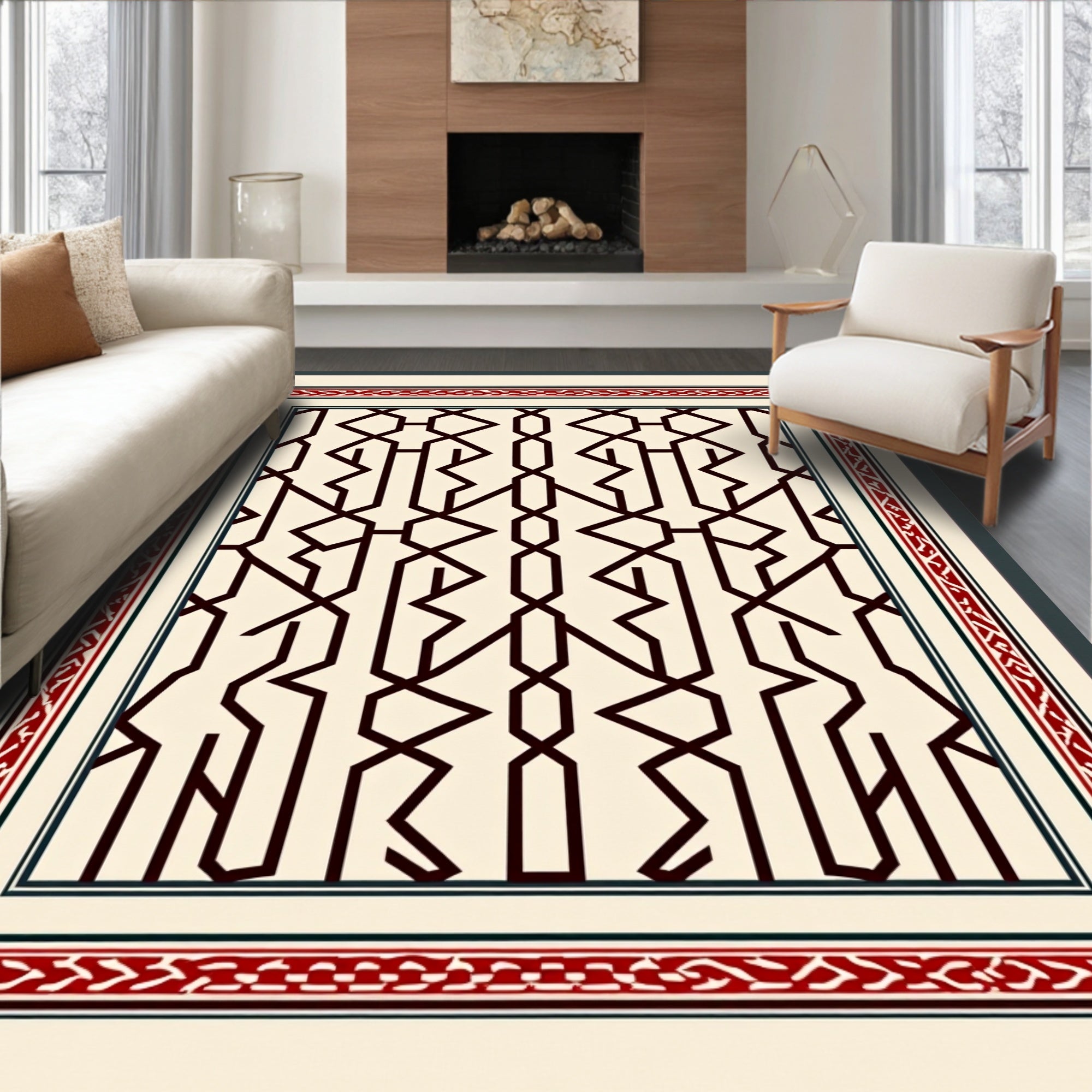 Intricate Geometric Red Border Rug