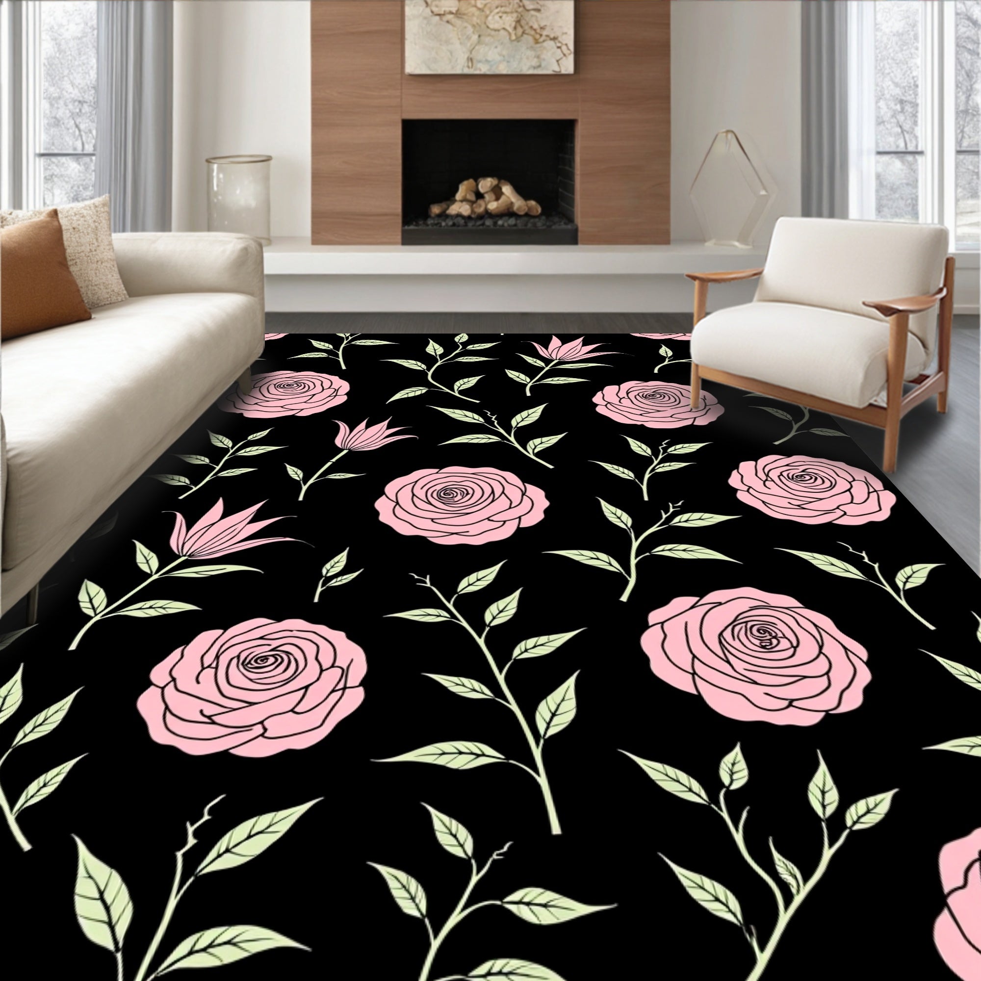 Pink Rose and Lily Floral Pattern Rug