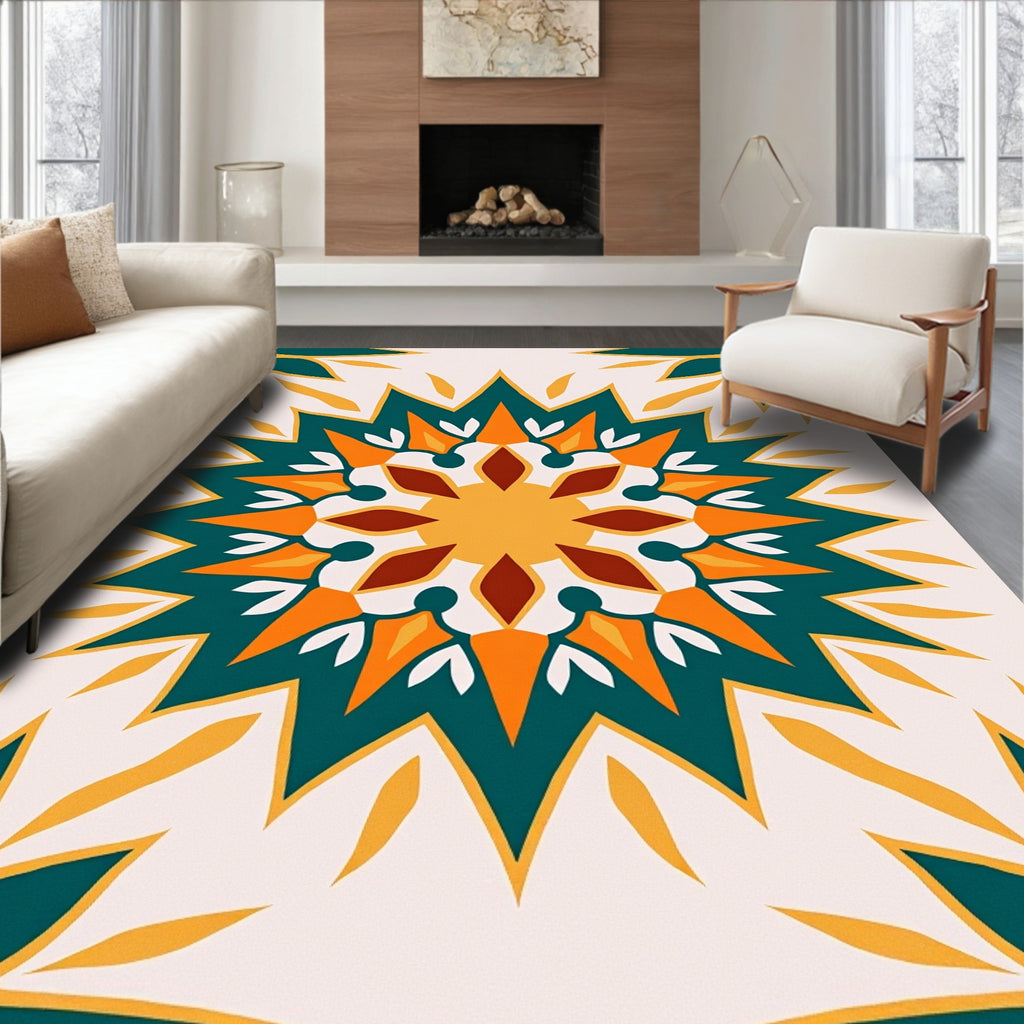 Radiant Starburst Teal Orange Pattern Rug