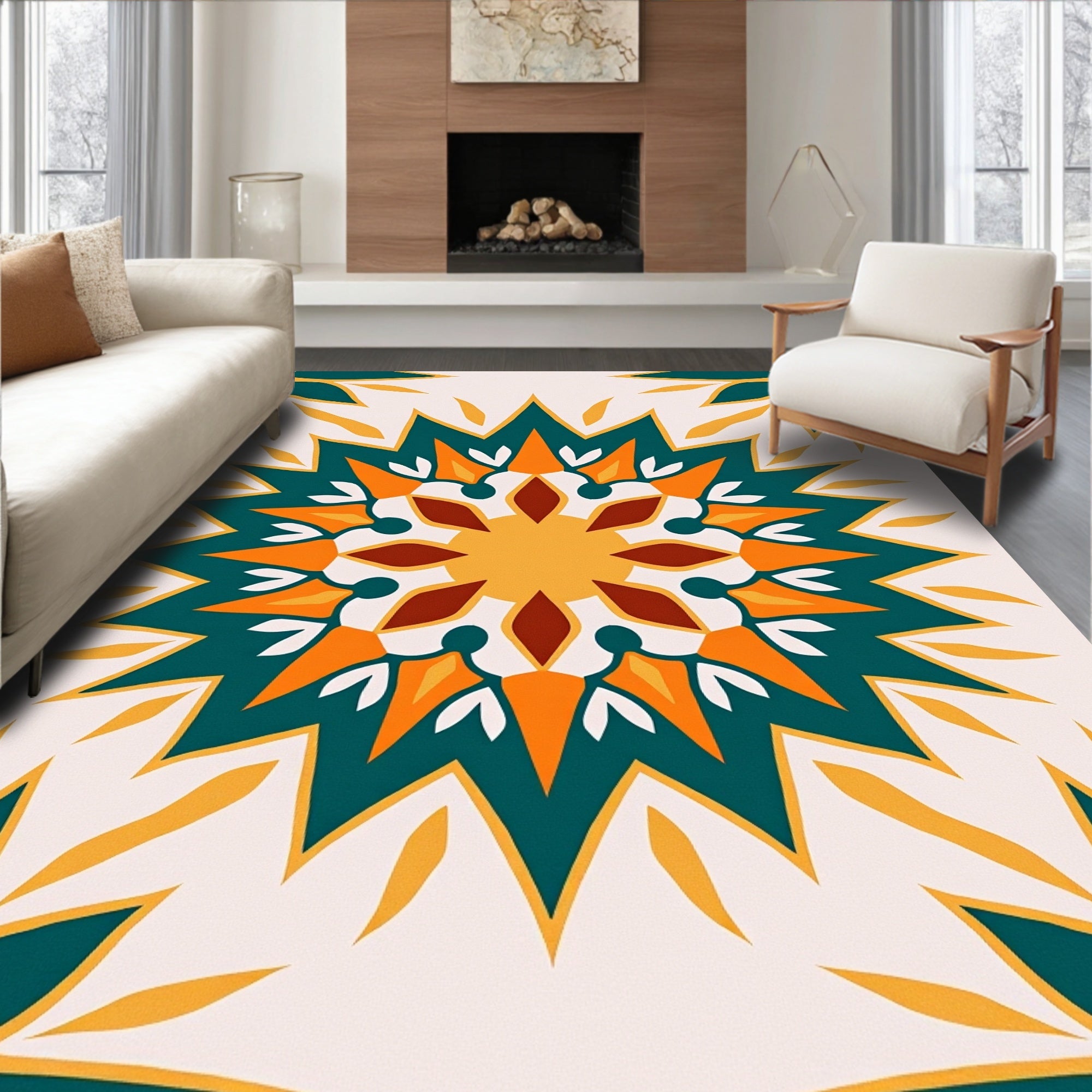 Radiant Starburst Teal Orange Pattern Rug