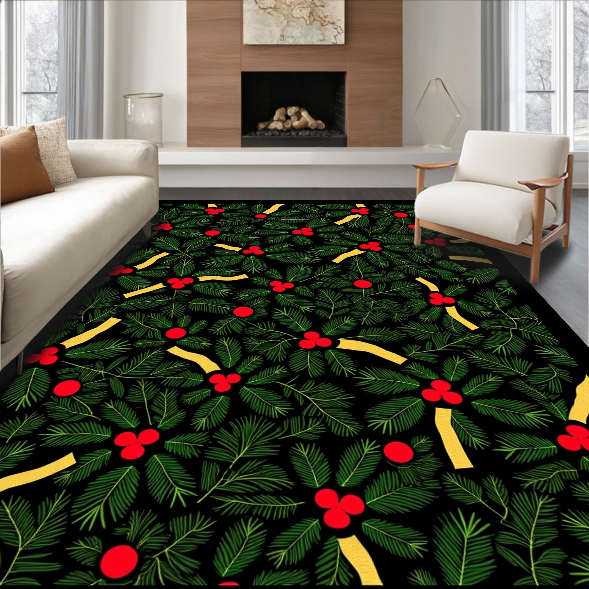 Festive Holly Berry Evergreen Garland Rug