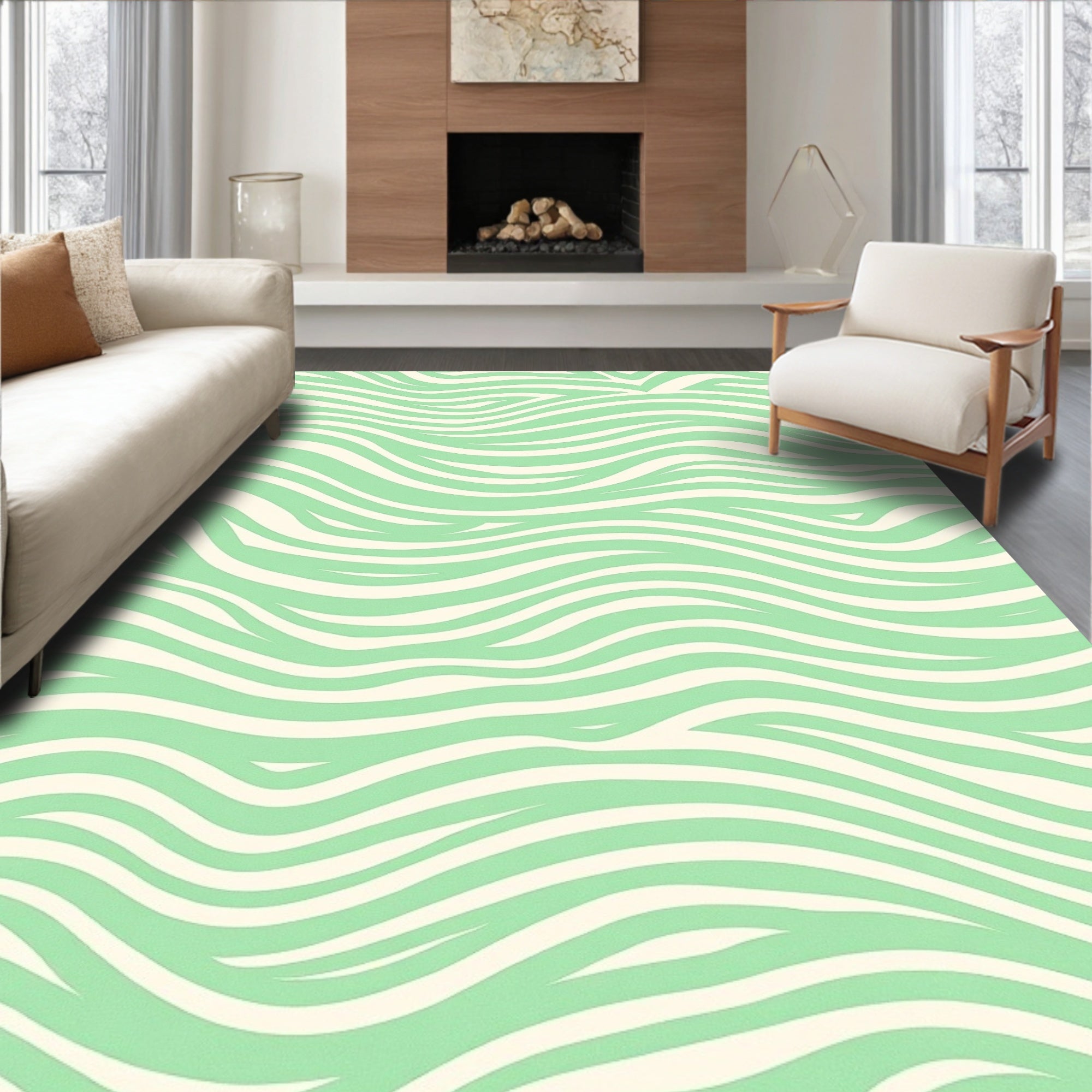 Mint Green Abstract Wavy Lines Pattern Rug