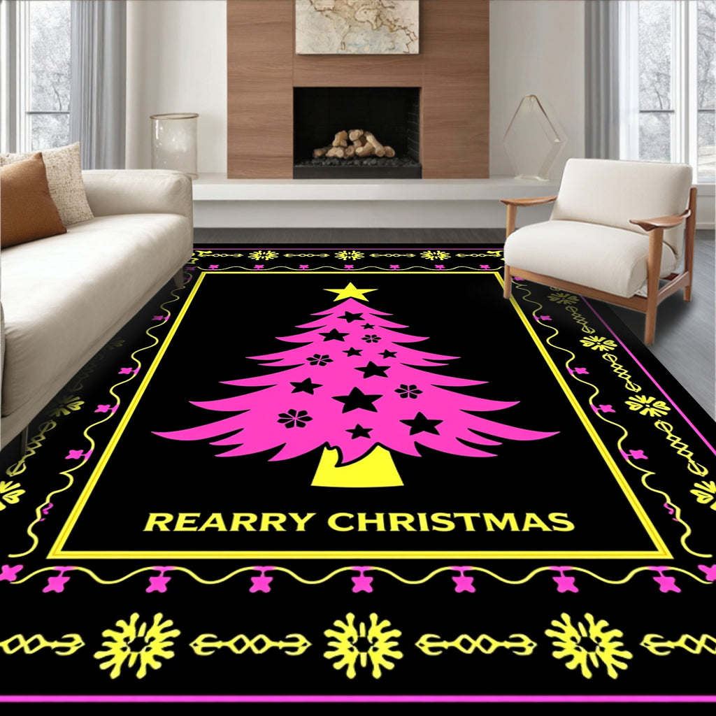 Pink Christmas Tree Geometric Border Rug