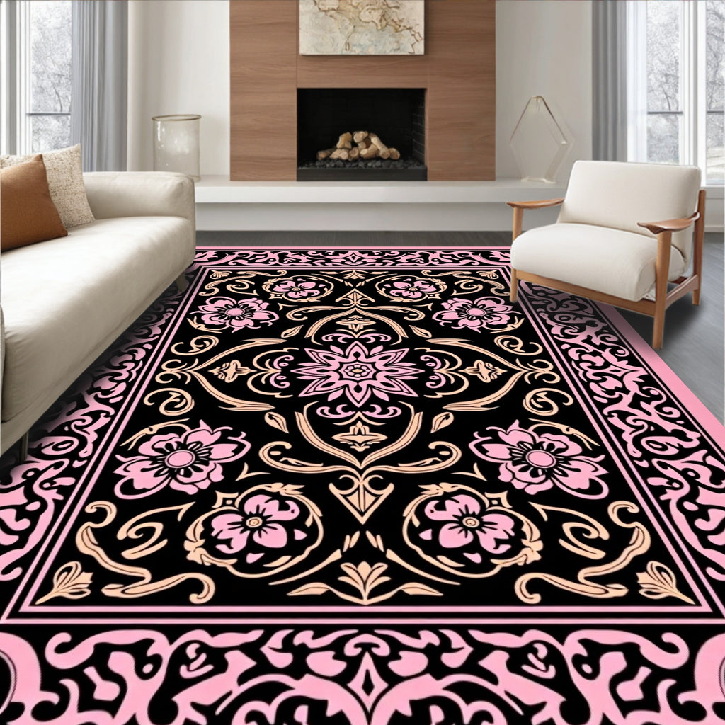 Pink With Black Floral Medallion Rug