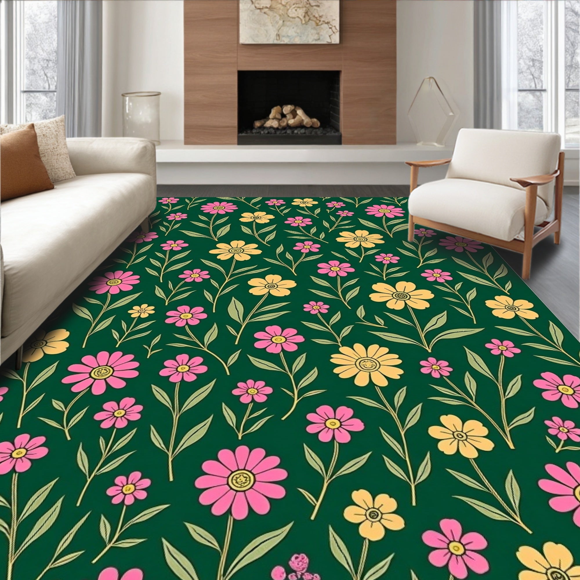 Yellow Pink Floral Botanical Design Rug