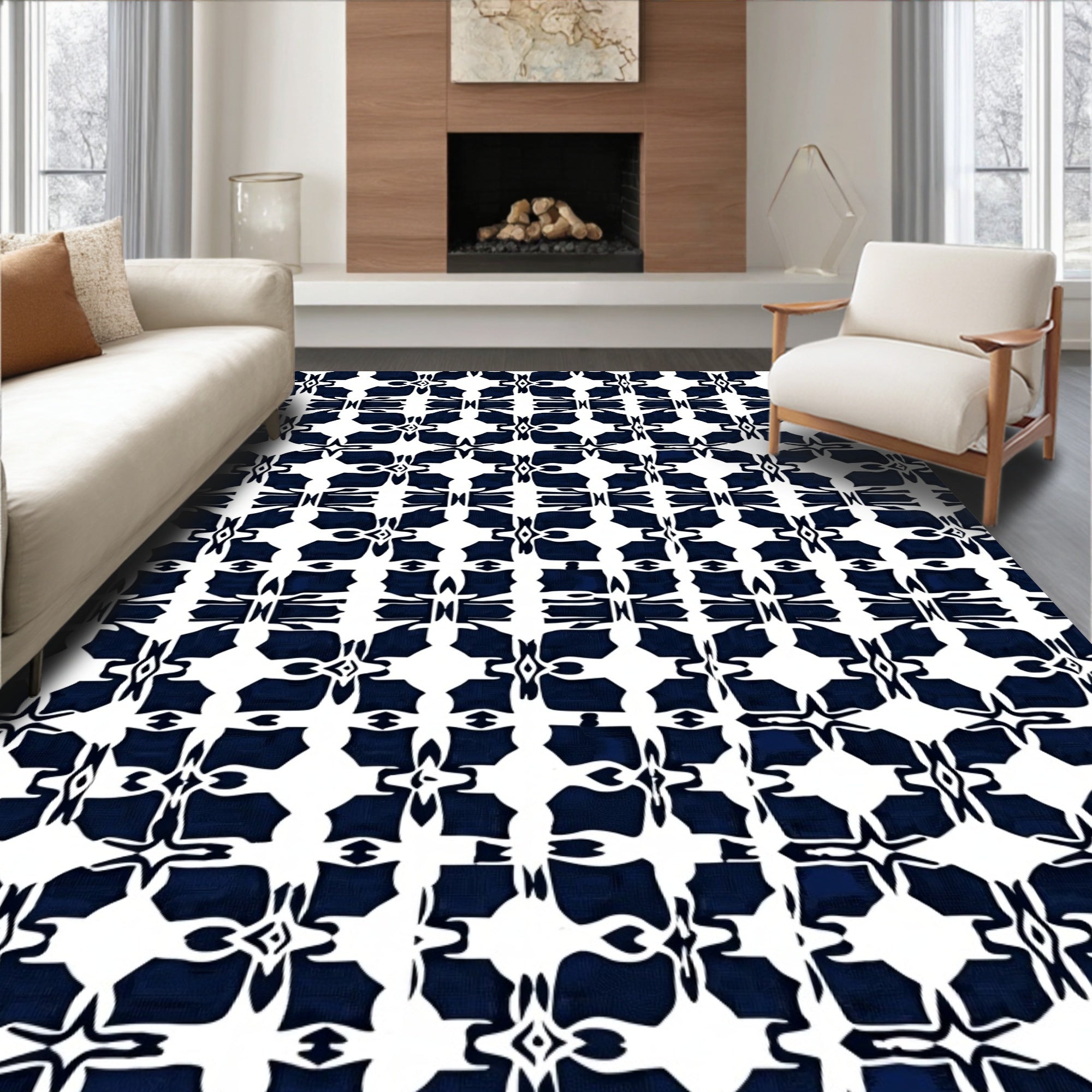 Classic Indigo Abstract Geometric Pattern Rug