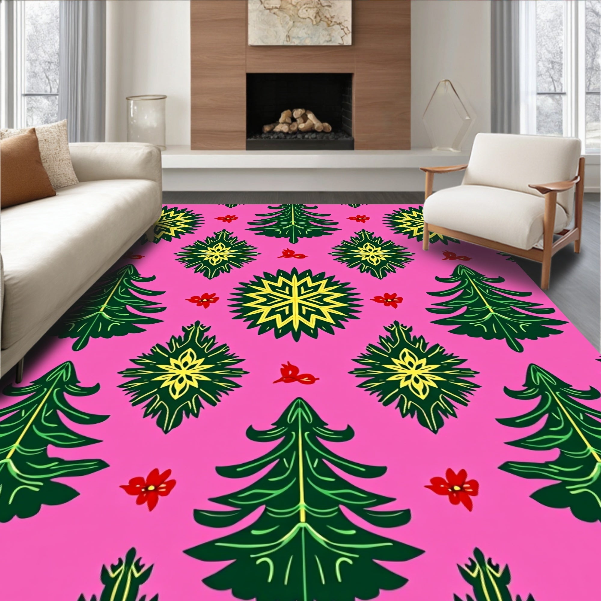 Pink Green Yellow Festive Trees Rug