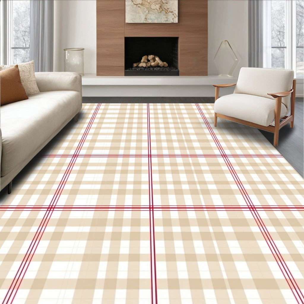 Beige Red Plaid Pattern Rug