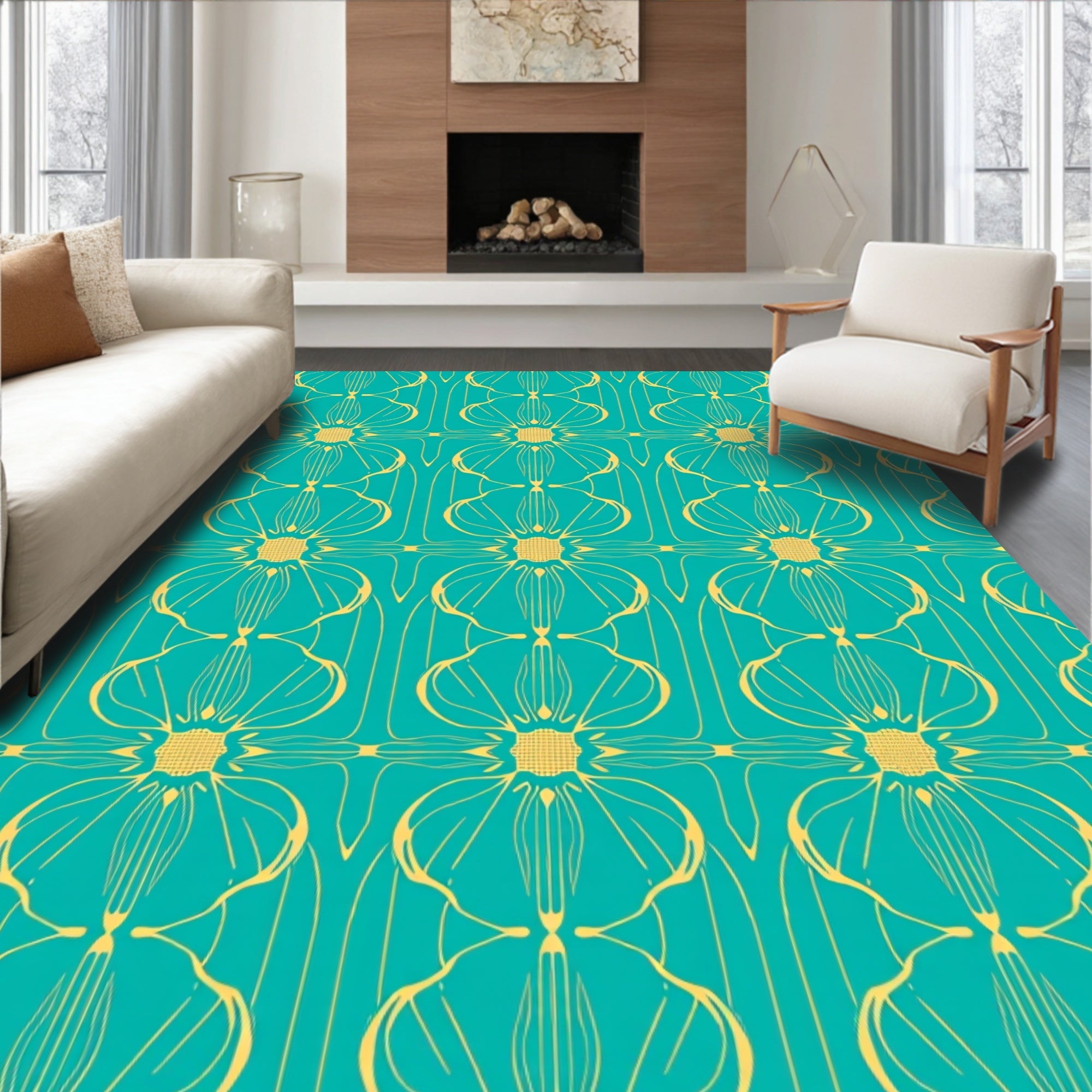 Turquoise Gold Floral Art Deco Pattern Rug