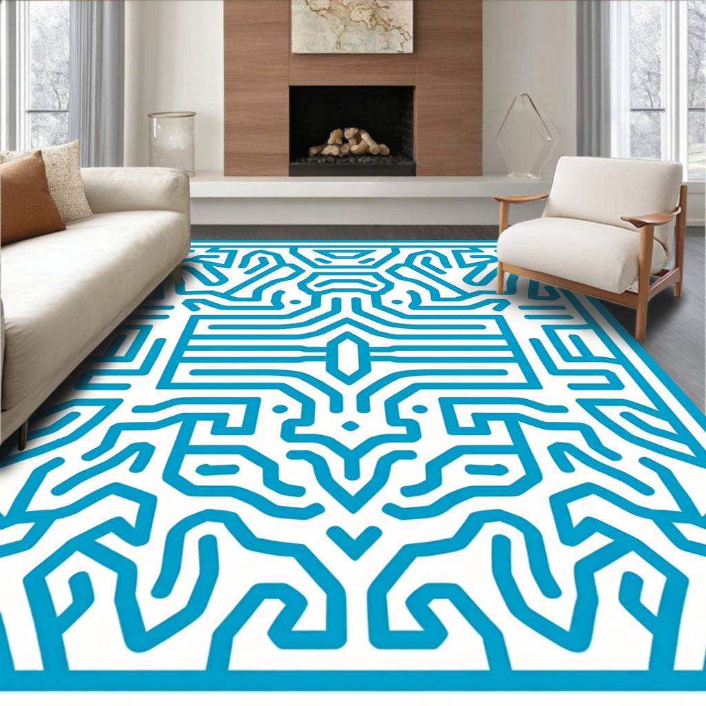 Blue Geometric Circuit Board Pattern Rug