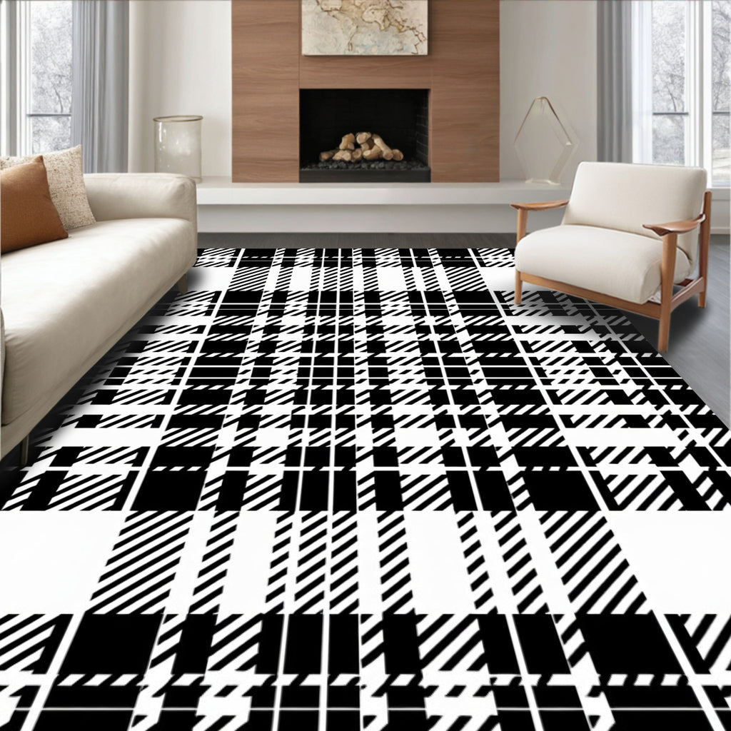 Bold Black White Plaid Pattern Rug