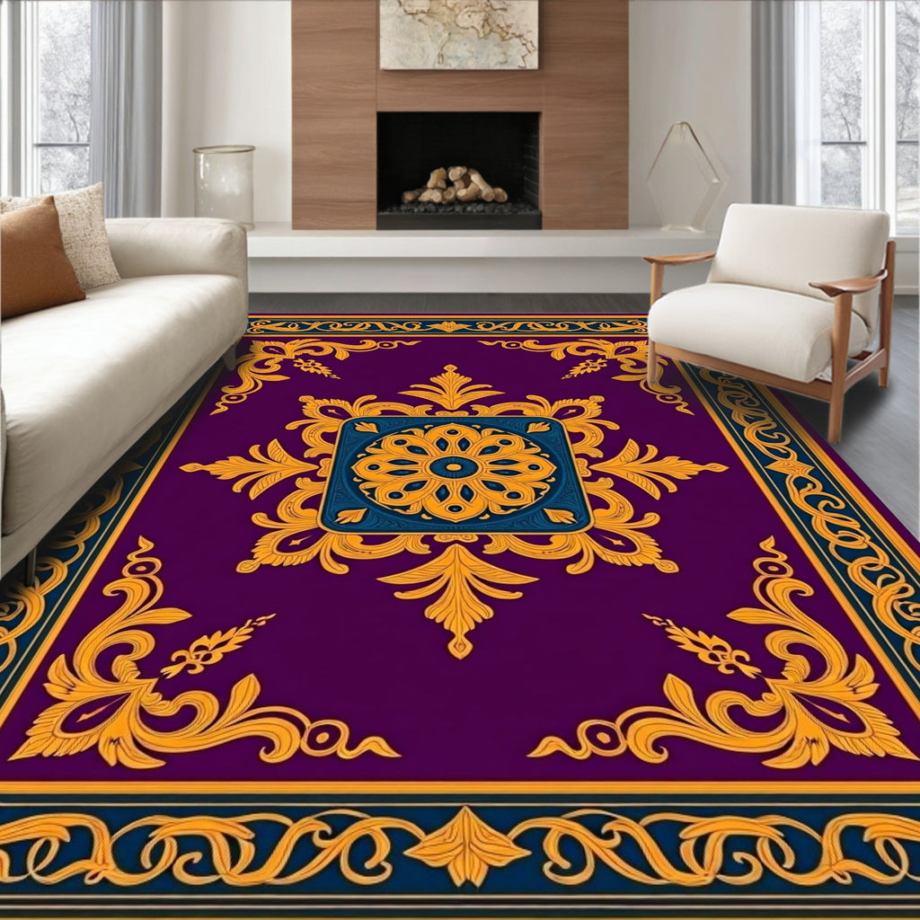 Ornate Gold Floral Medallion Pattern Rug