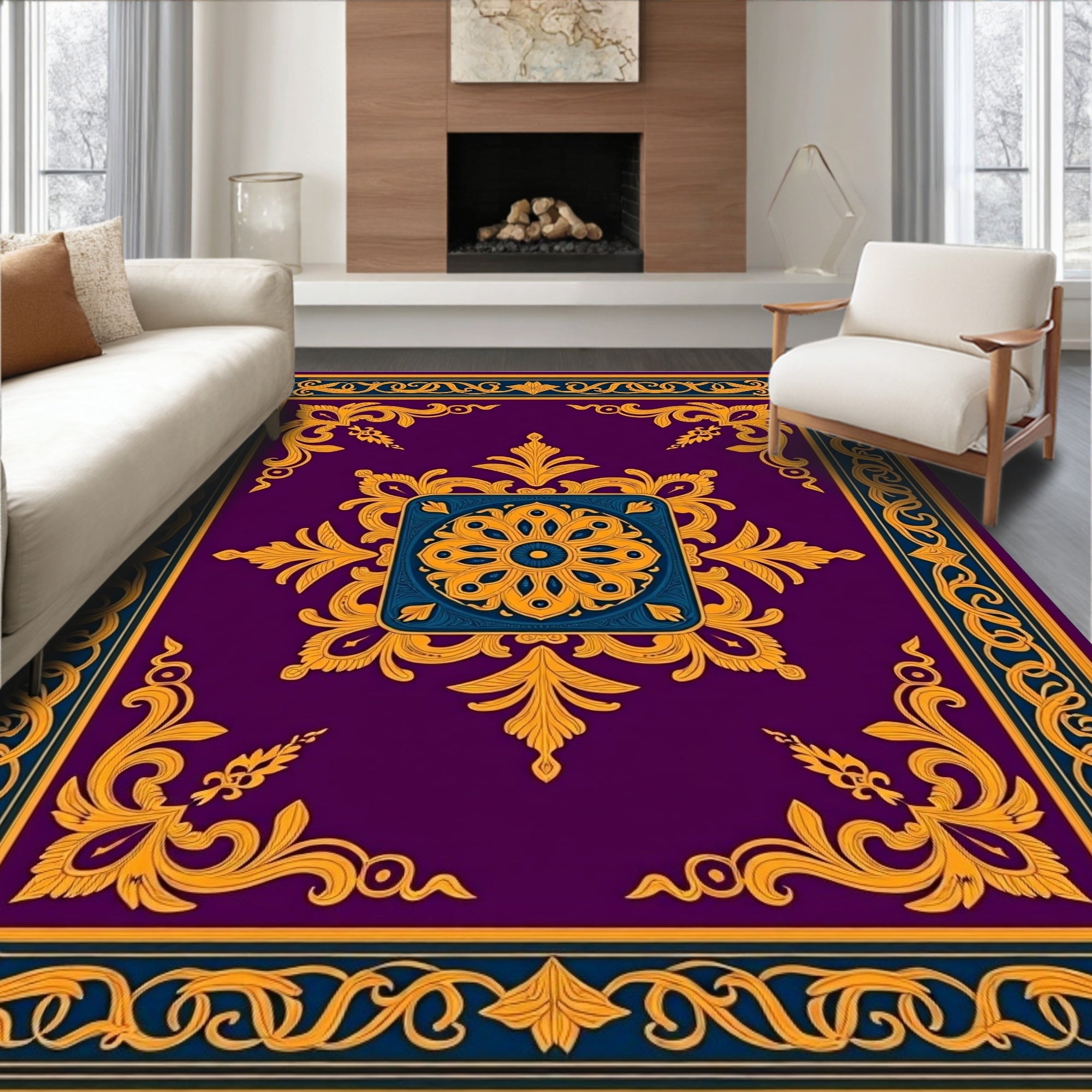 Ornate Gold Floral Medallion Pattern Rug