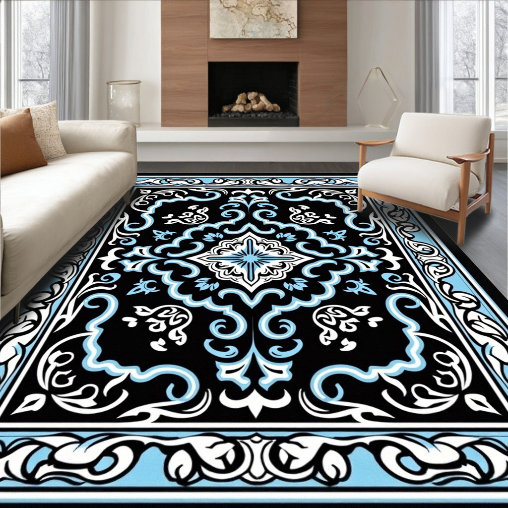 Intricate Black Light Blue Floral Pattern Rug