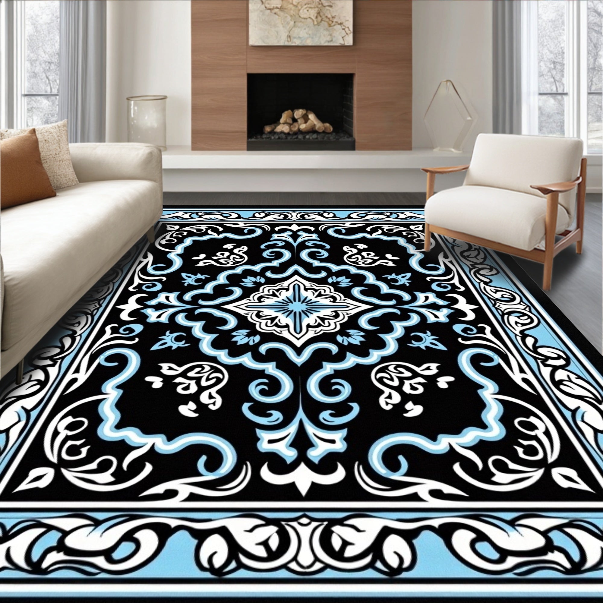 Intricate Black Light Blue Floral Pattern Rug