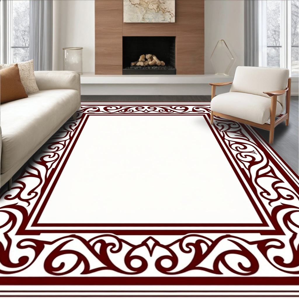 Ornate Floral Scrollwork Red Border Design Rug