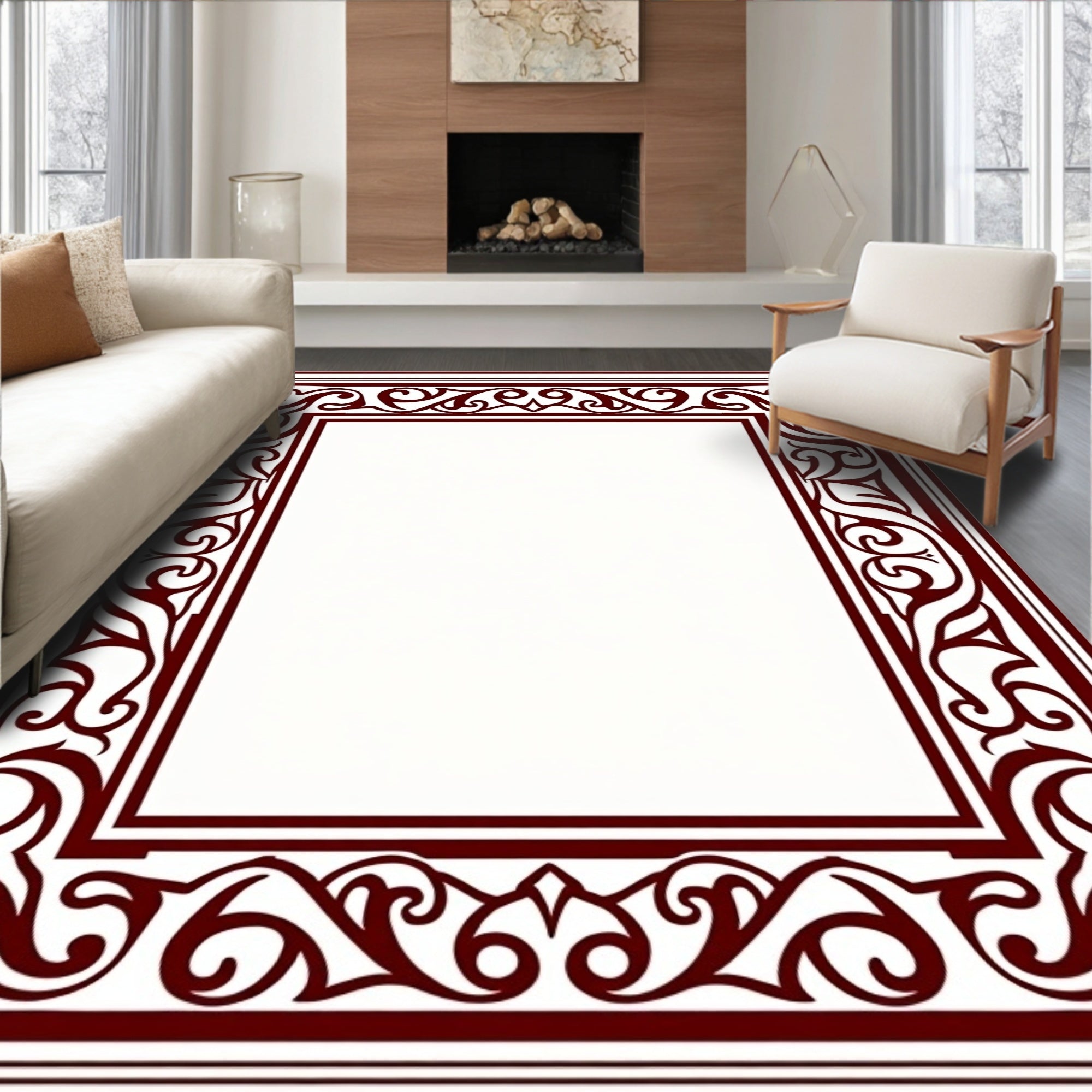 Ornate Floral Scrollwork Red Border Design Rug