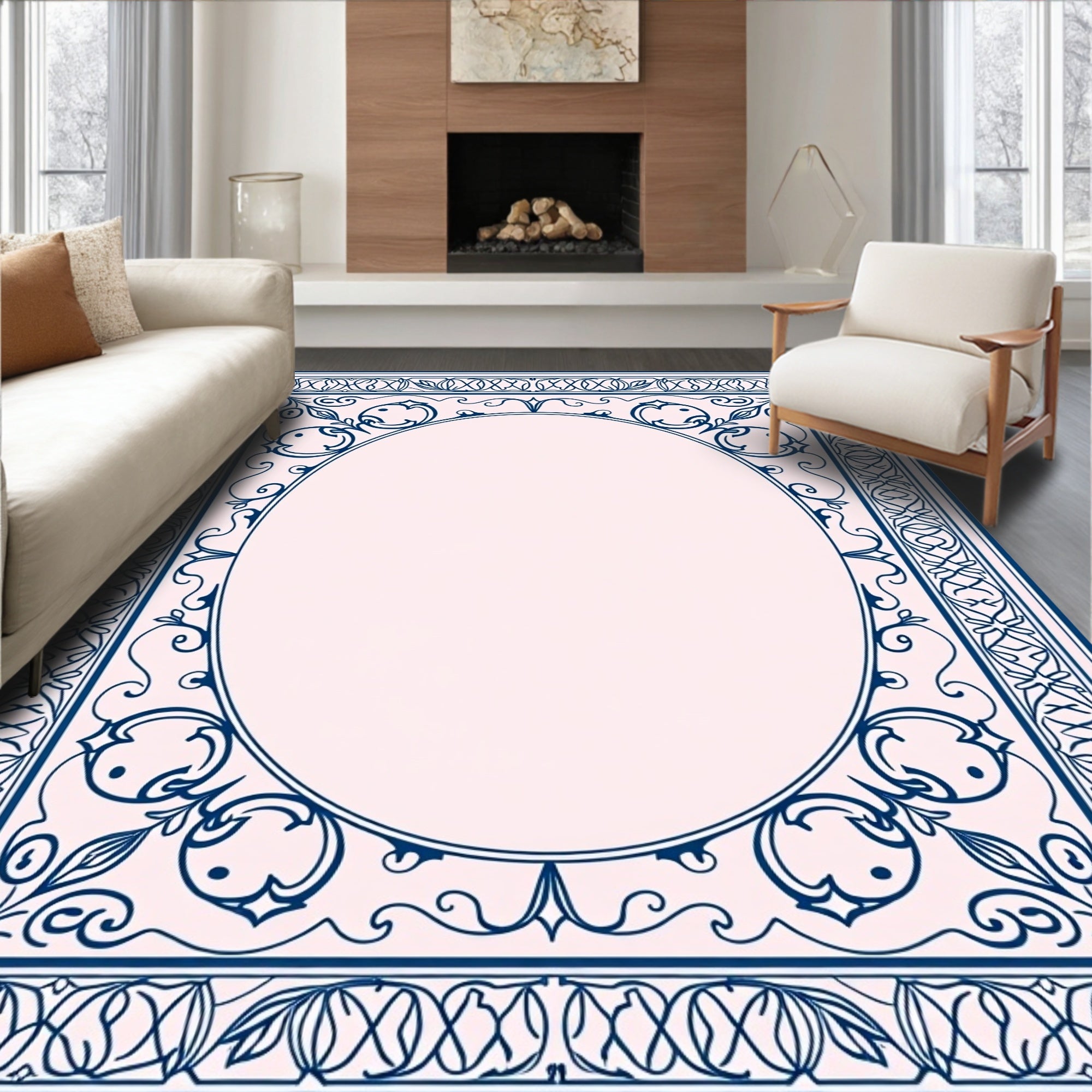 Ornate Blue White Decorative Frame Rug