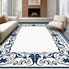 Navy Floral Scroll Border Rug
