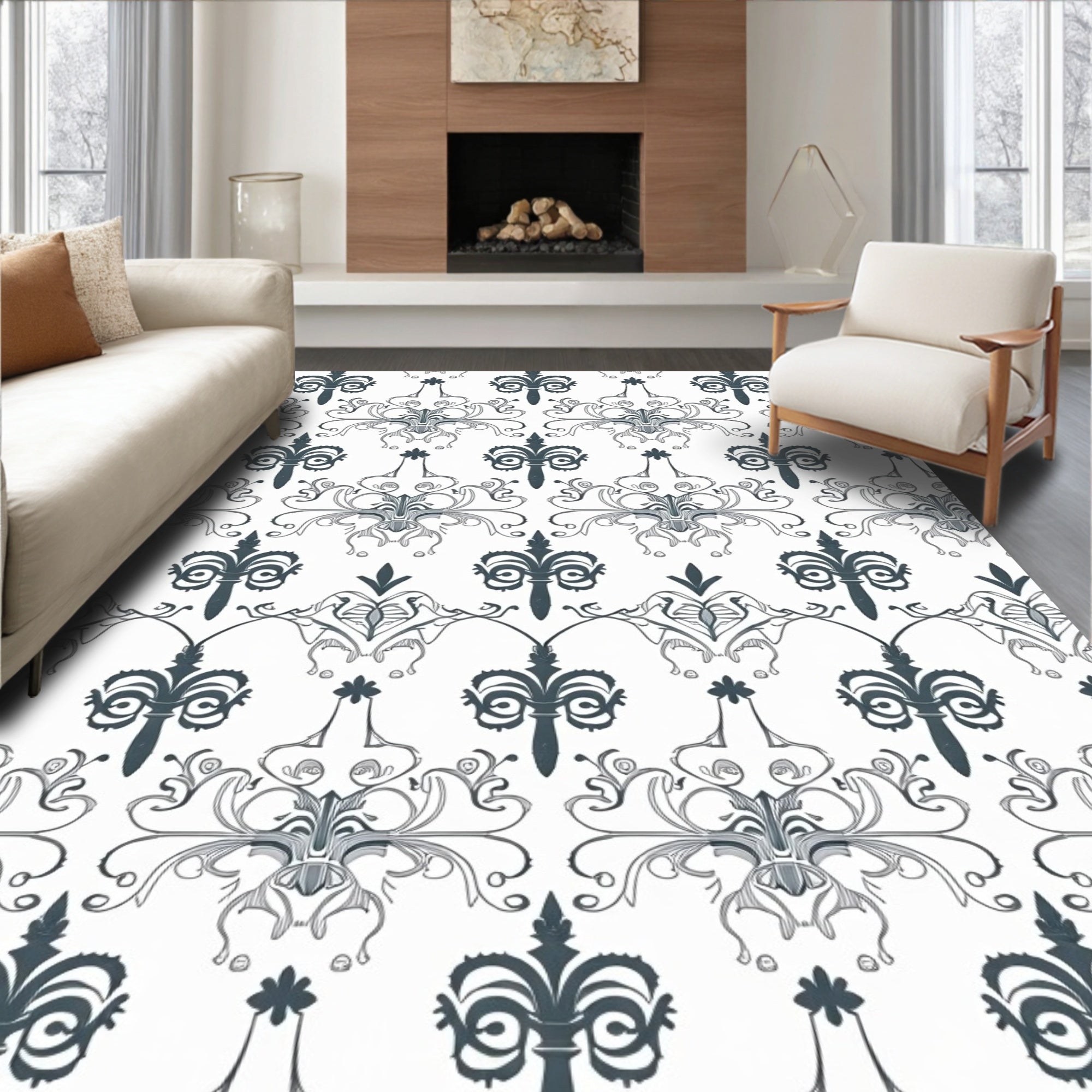 Dark Gray Ornate Scroll Pattern Rug