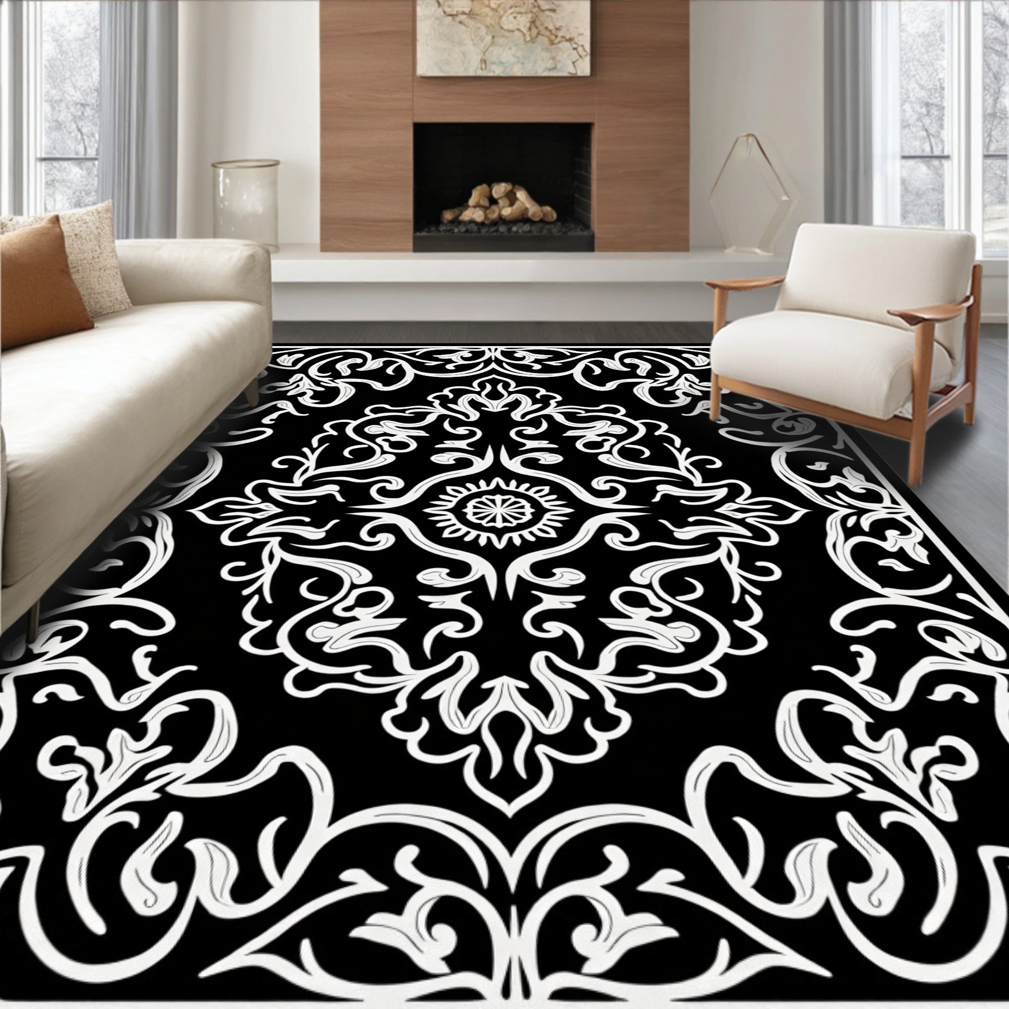 Elegant Black White Damask Pattern Rug