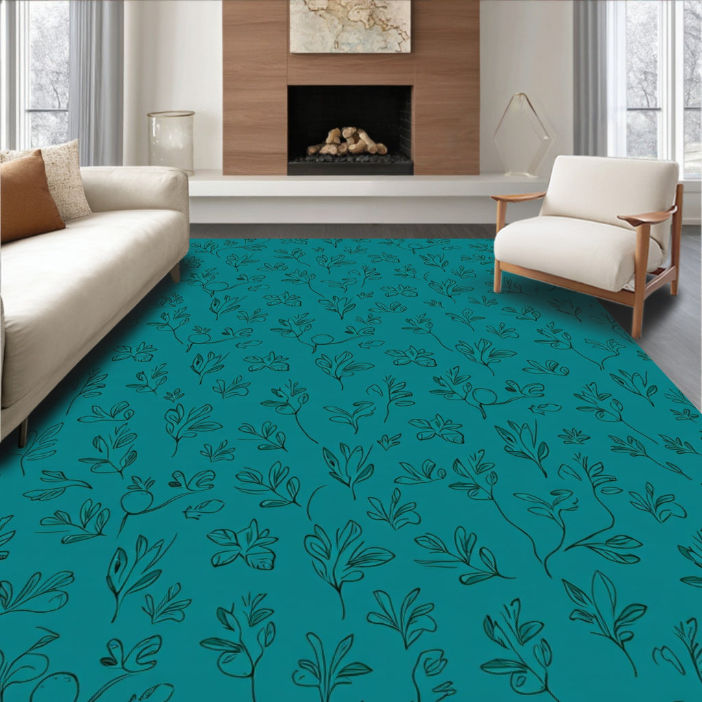 Teal Sketchy Floral Outline Pattern Rug