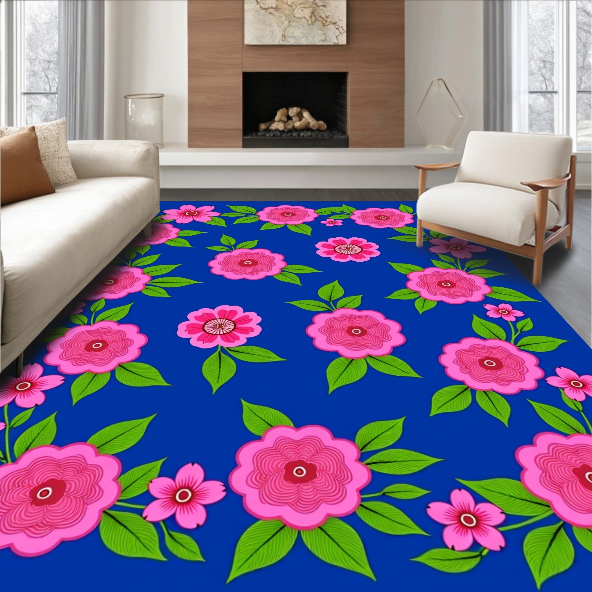 Pink Floral Pattern On Blue Canvas Rug