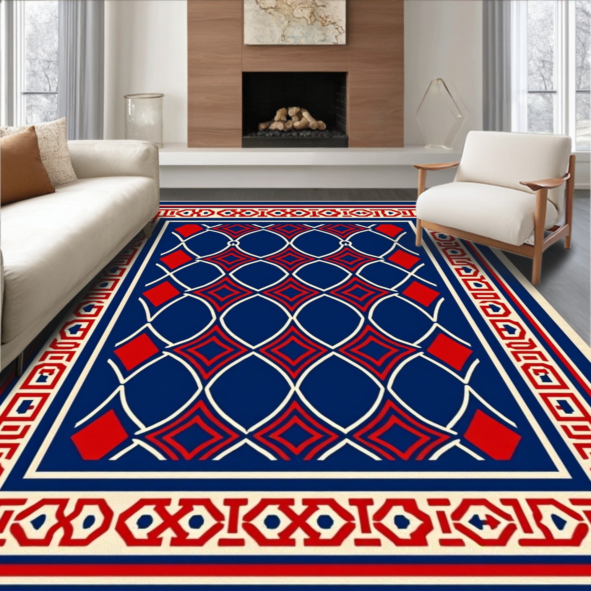 Classic Geometric Red White Blue Design Rug