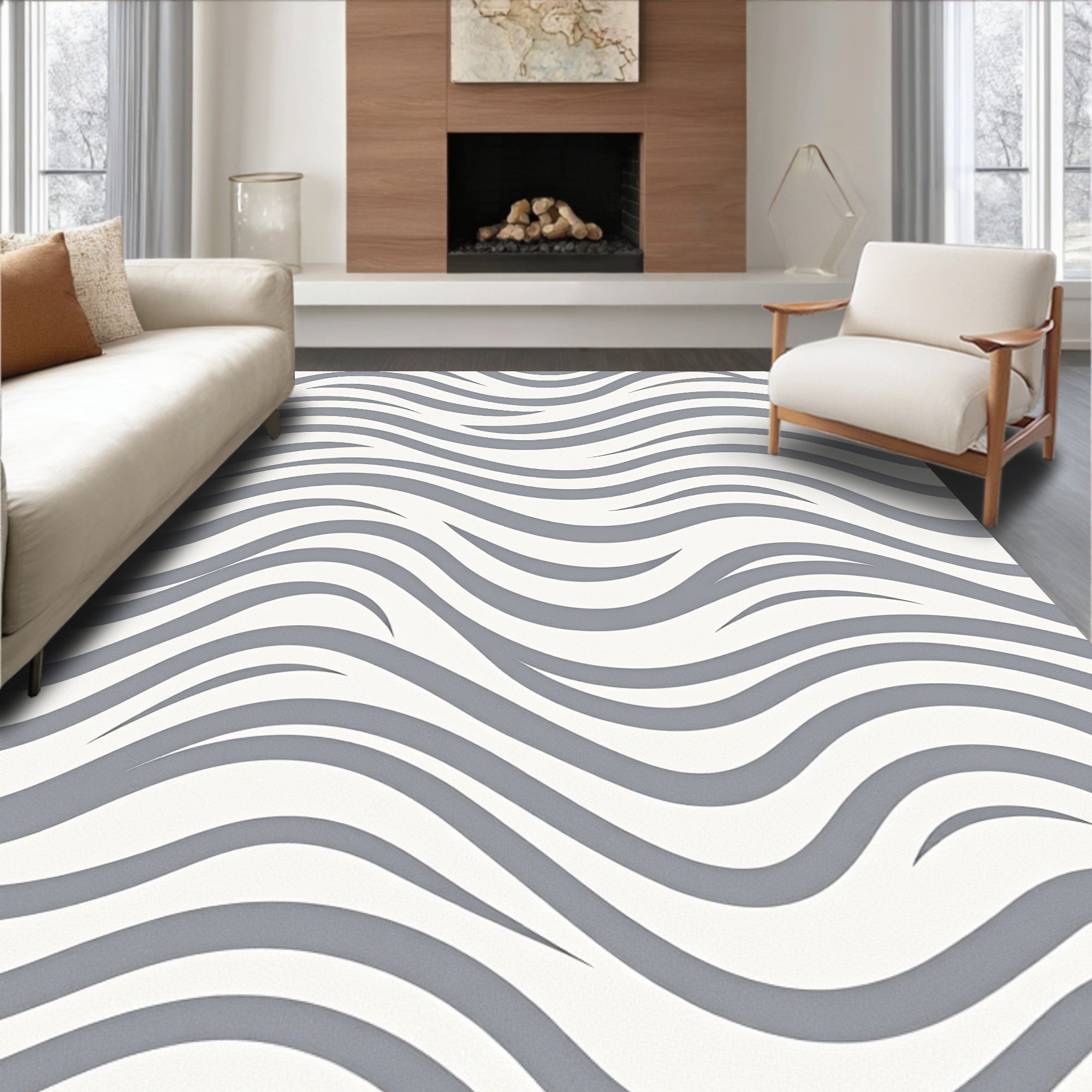 Modern Grey Wave Pattern Rug