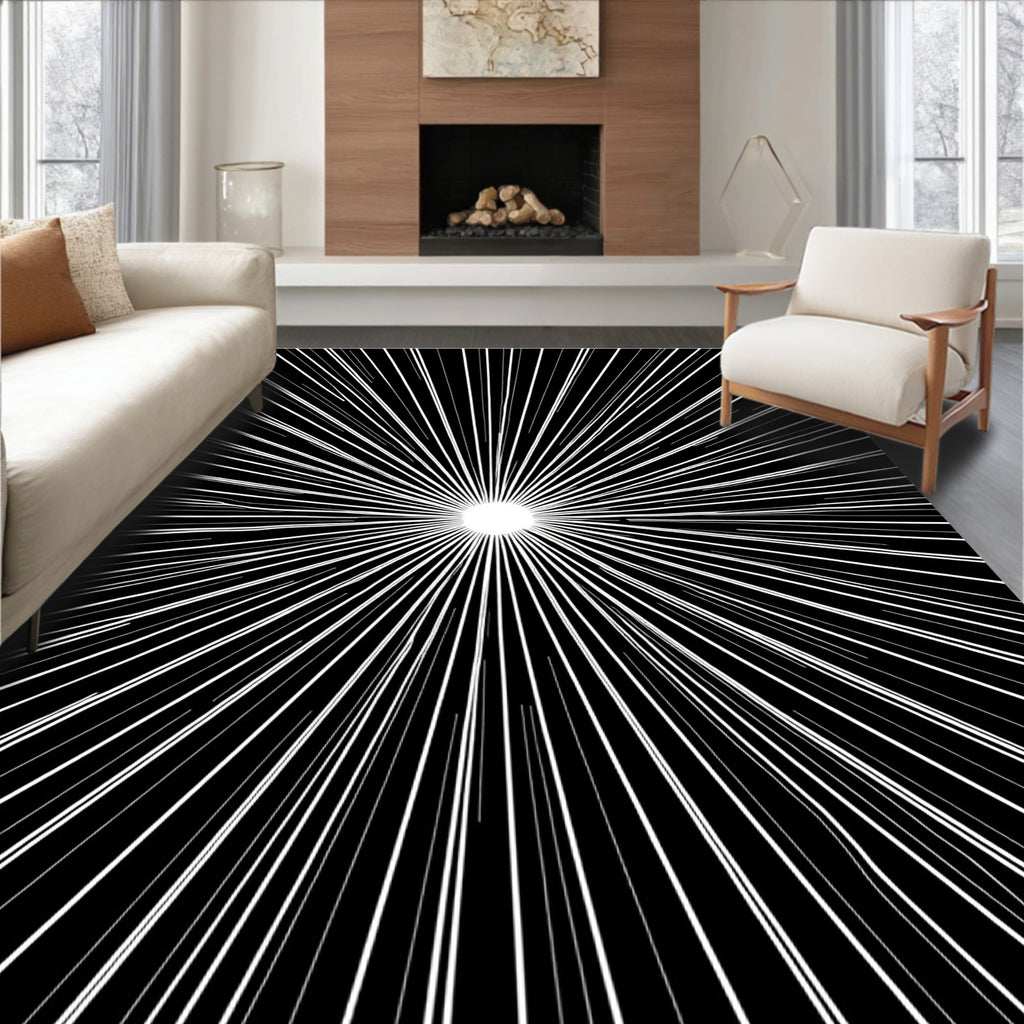 Radiant Burst Black White Line Art Rug
