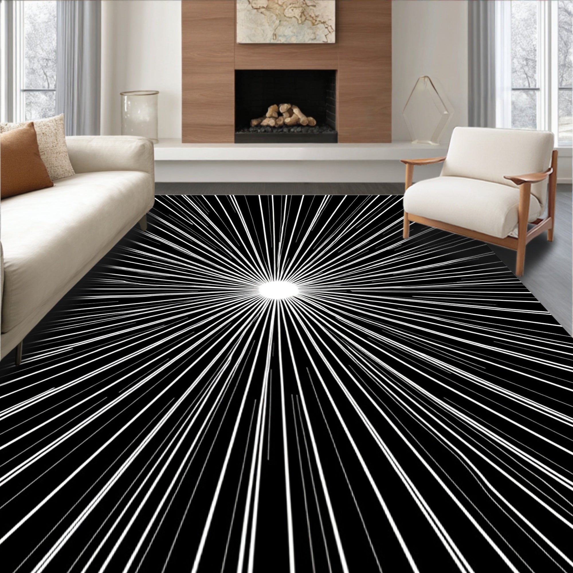 Radiant Burst Black White Line Art Rug