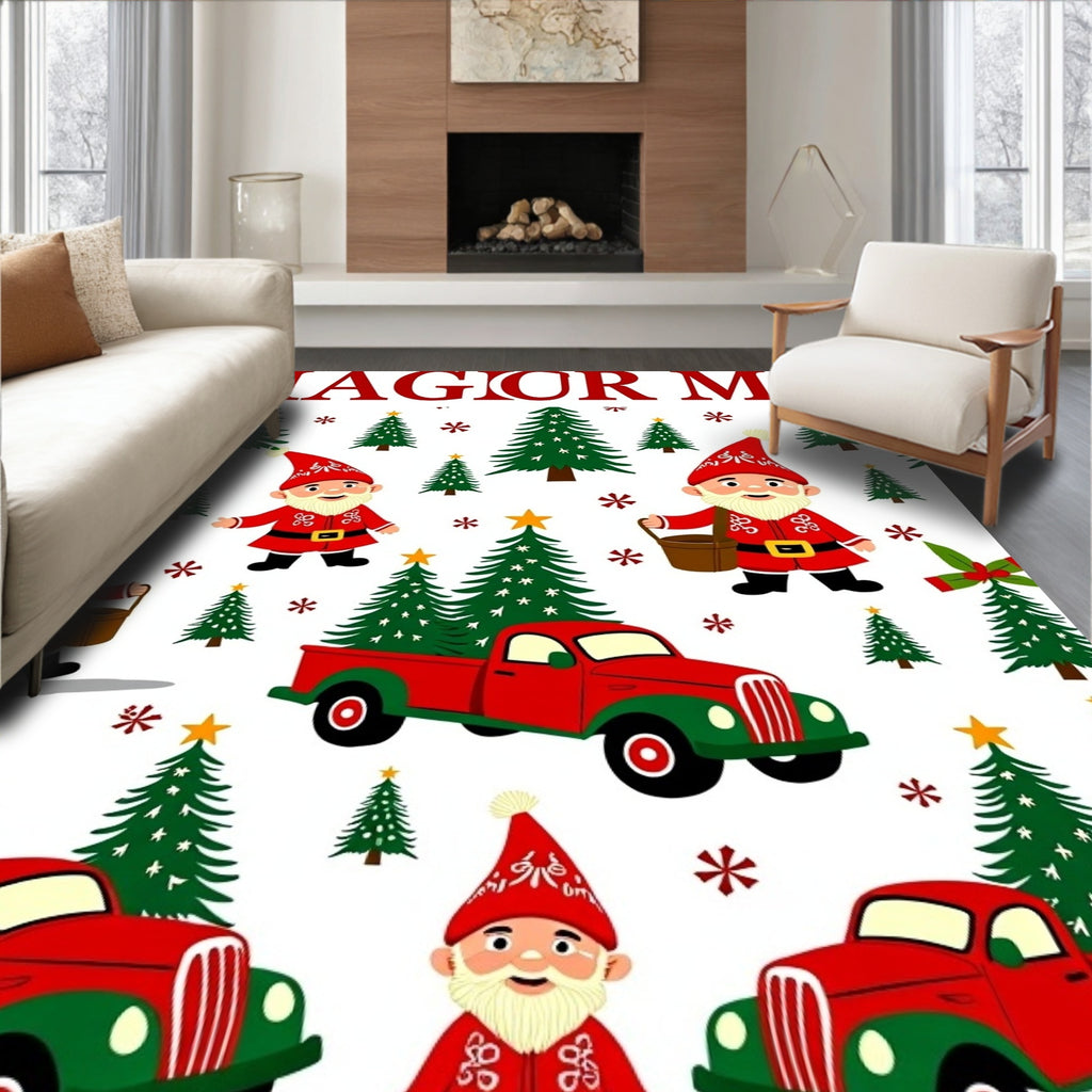 Cheerful Gnomes Red Truck Christmas Trees Rug