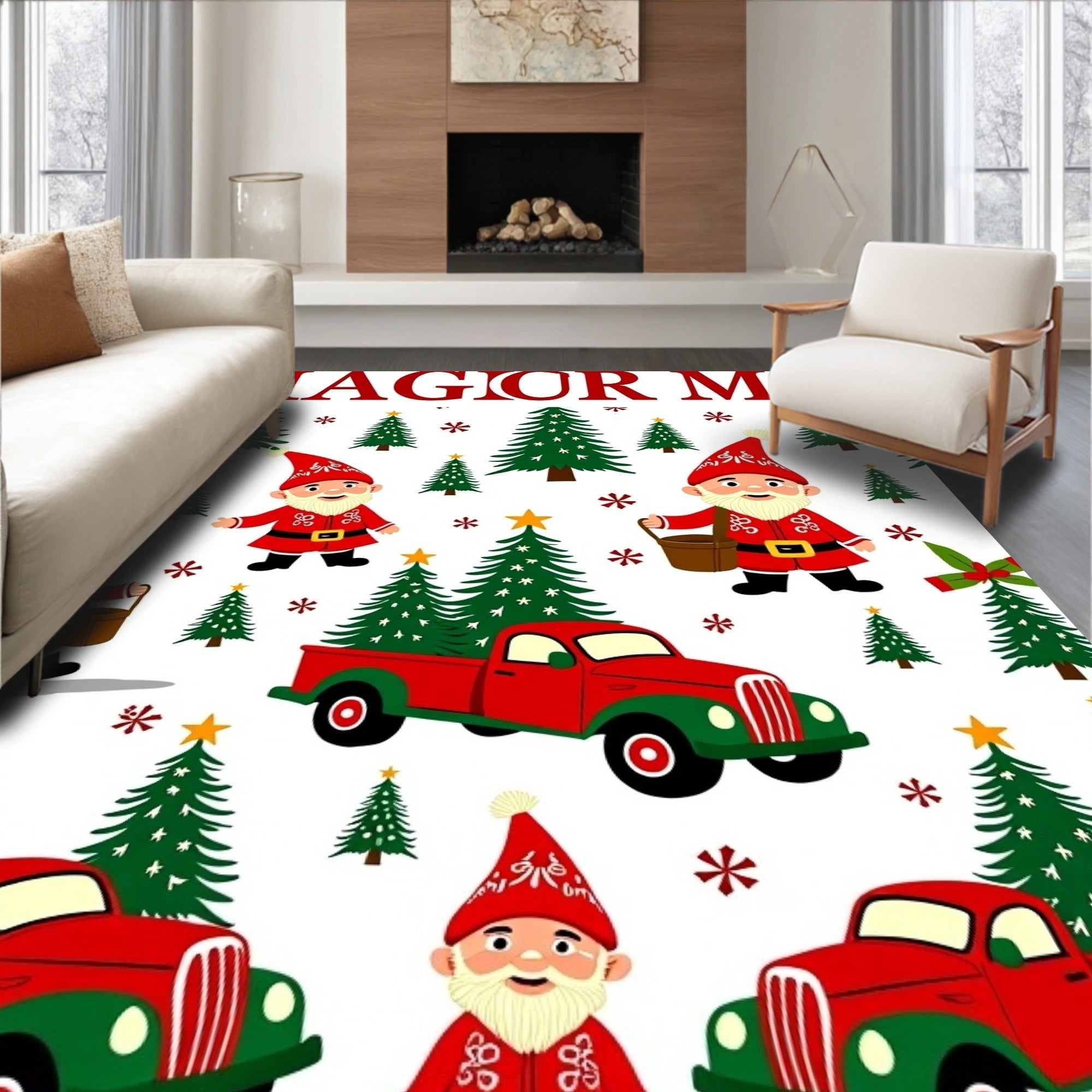 Cheerful Gnomes Red Truck Christmas Trees Rug