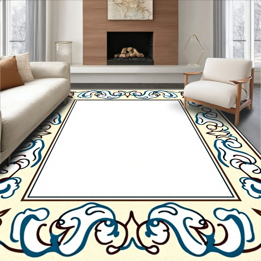 Ornate Cream Blue Brown Floral Border Rug