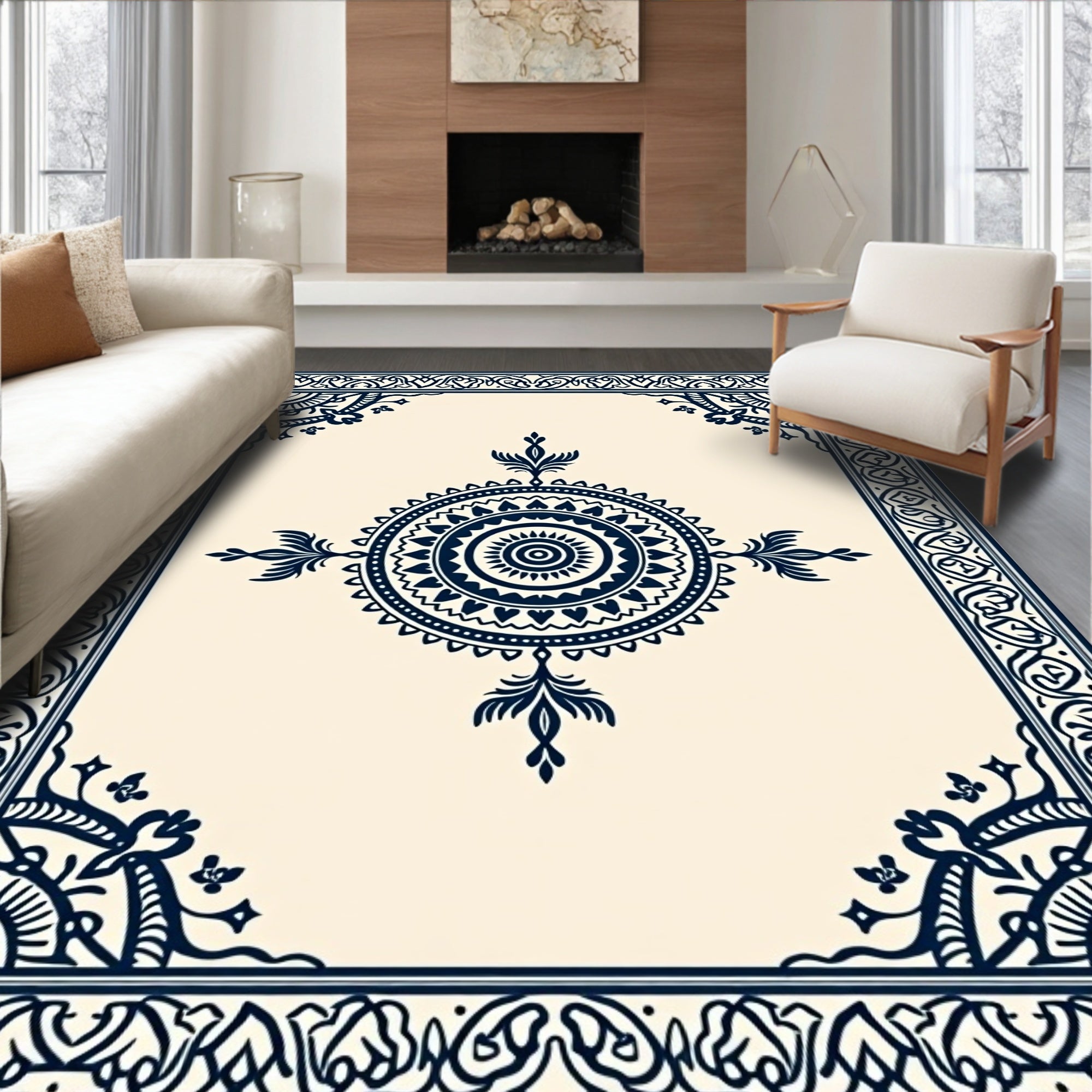 Elegant Navy Blue Mandala Border Rug