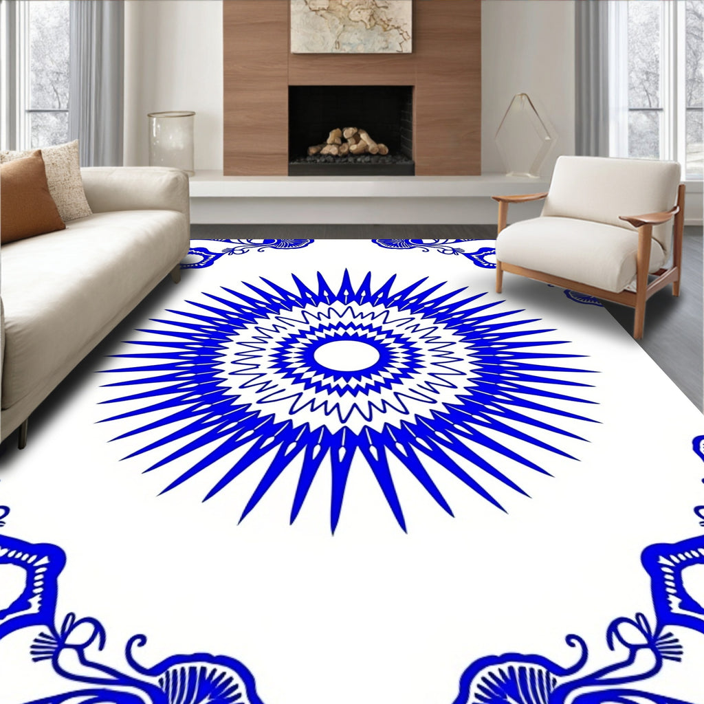 Radial Blue Floral Medallion Pattern Rug