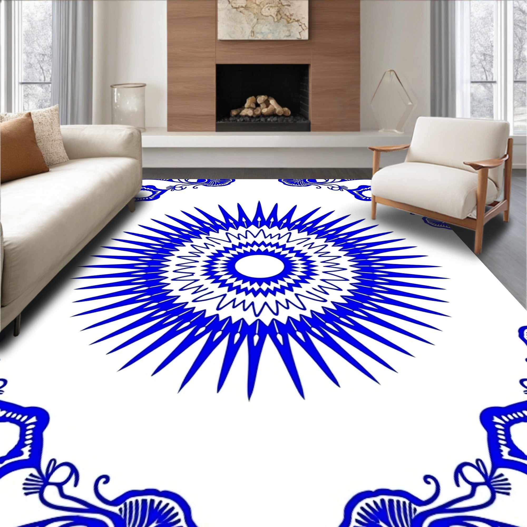 Radial Blue Floral Medallion Pattern Rug