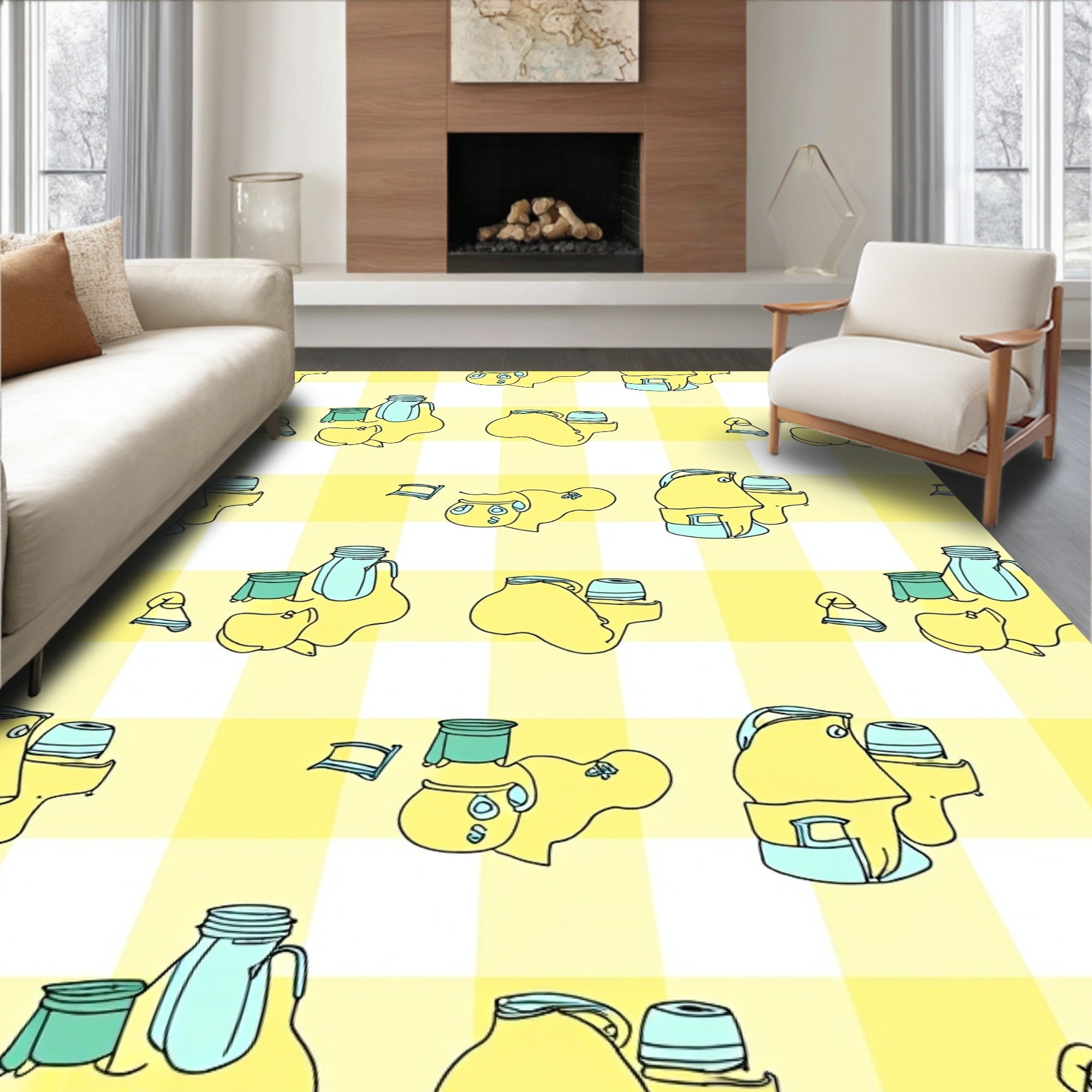 Cheery Yellow Gingham Creature Pattern Rug