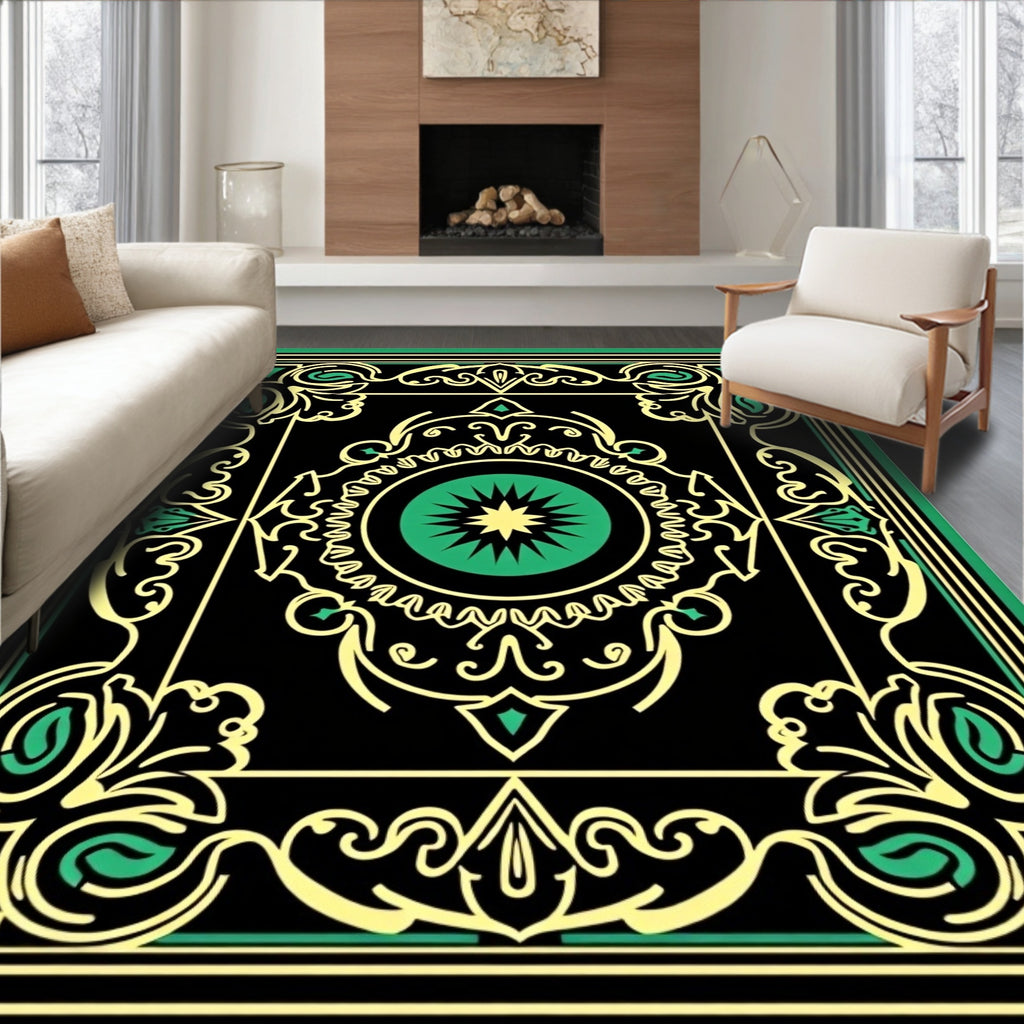 Ornate Black Green Golden Pattern Rug
