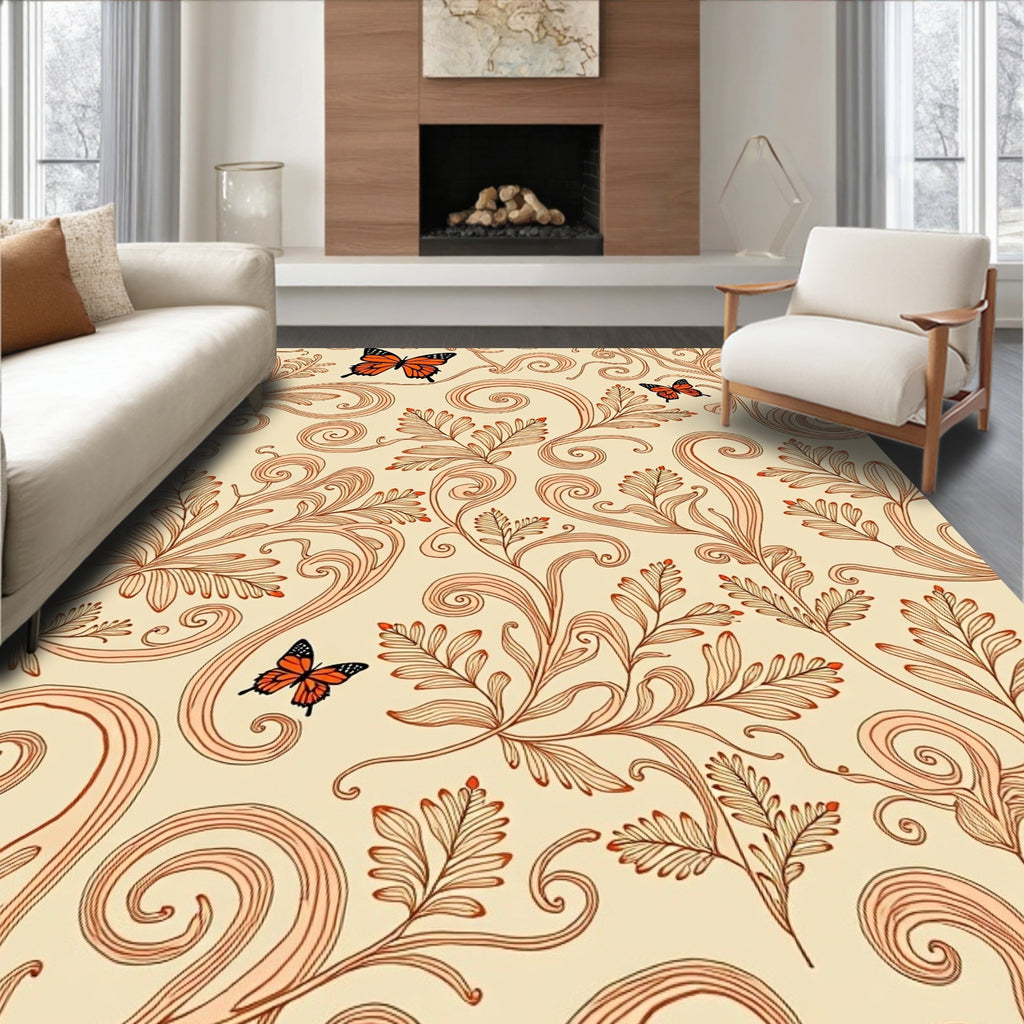 Orange Butterfly Floral Swirl Design Rug