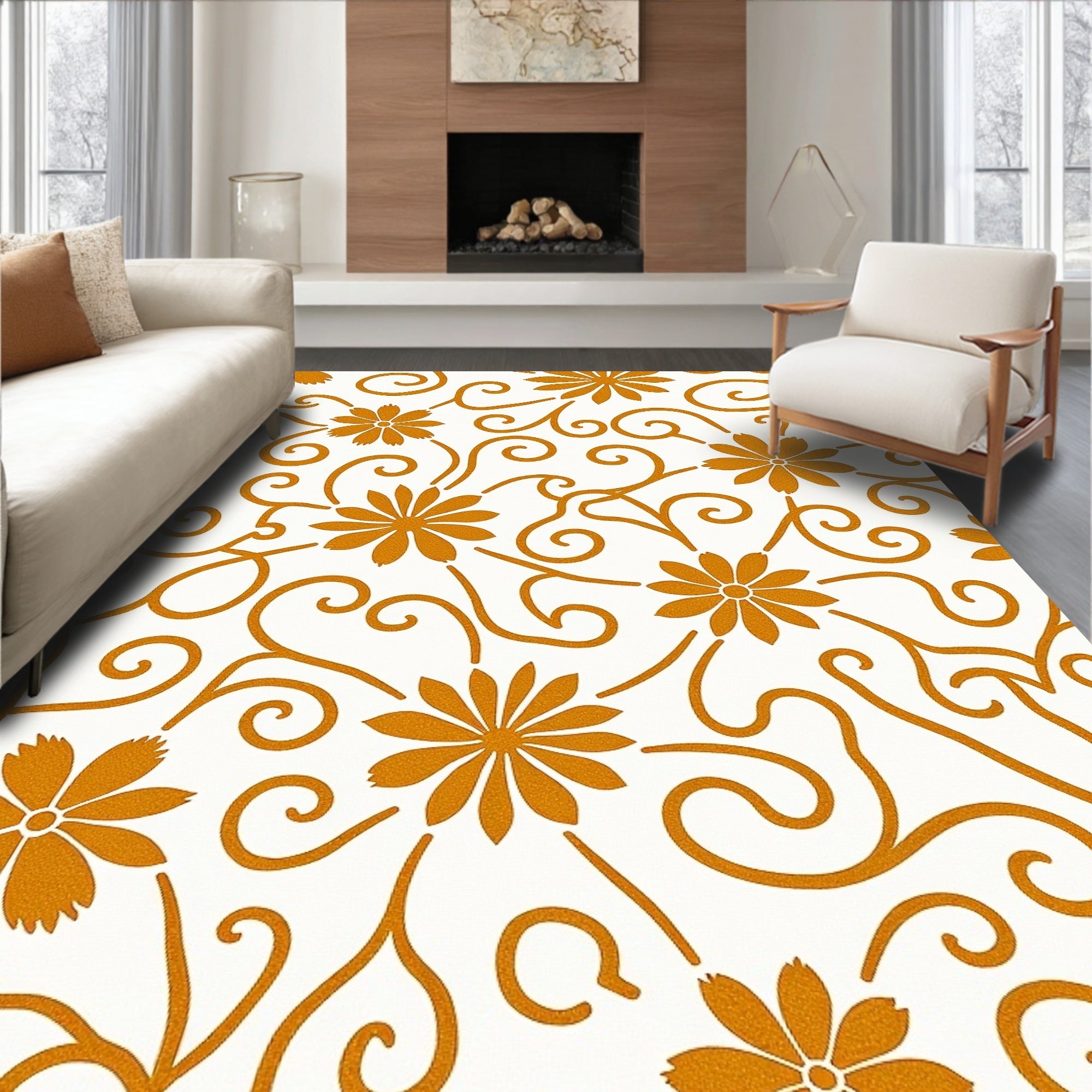 Golden Swirl Floral Design Rug
