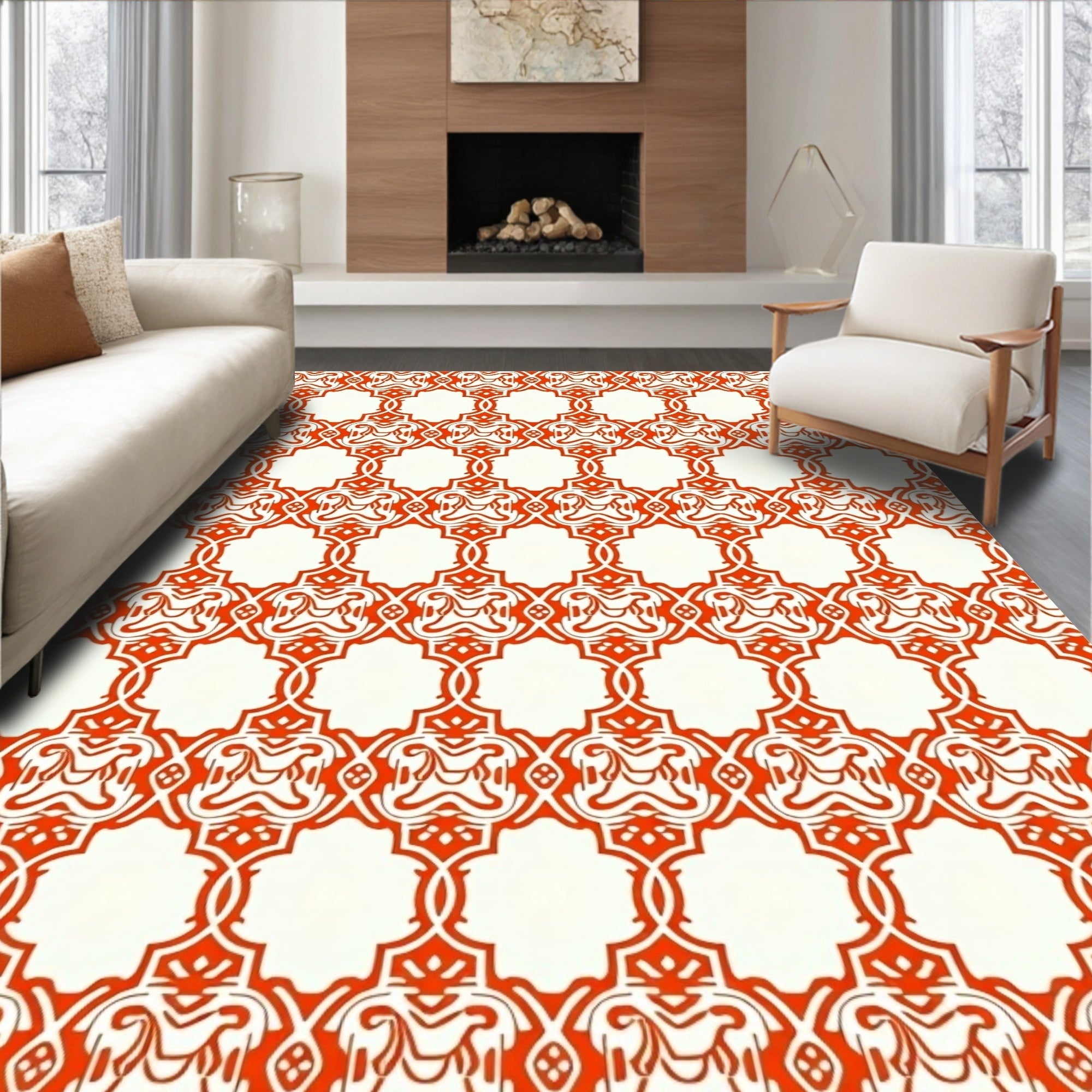 Intricate Red Ivory Geometric Pattern Rug